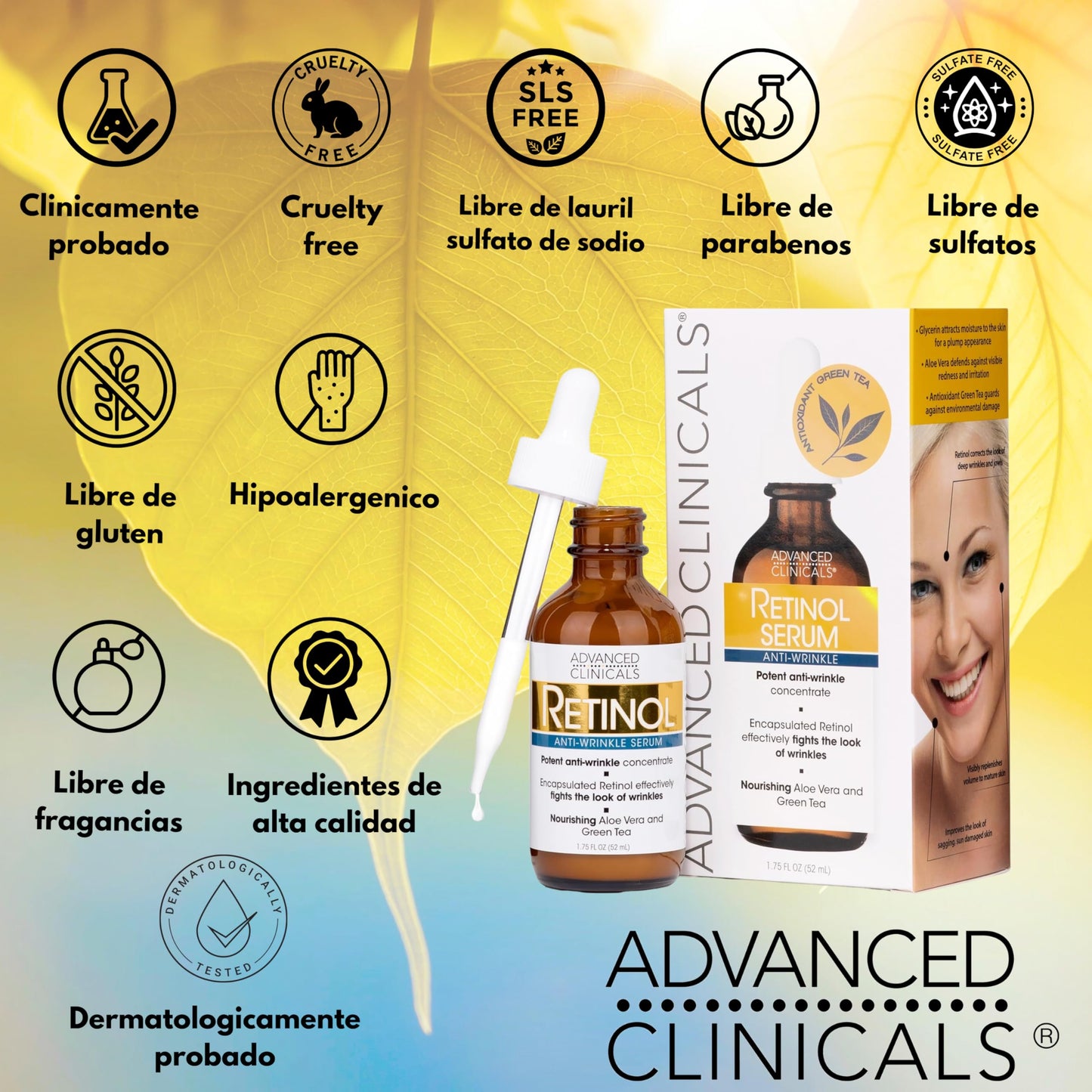 Suero Facial Anti-Arrugas con Retinol, Glicerina y Extracto de Té Verde - 52ml - Fórmula Avanzada para una Piel Renovada y Nutrida