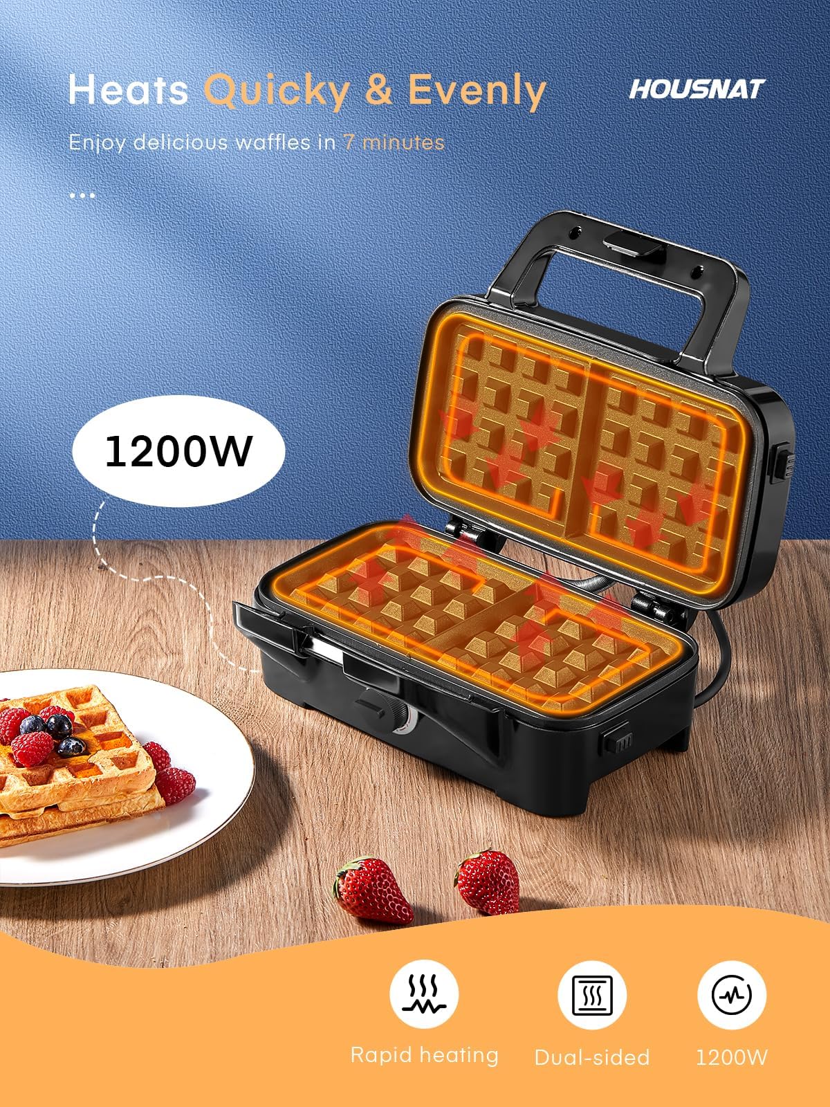 Sandwichera HOUSNAT Negro 3 en 1 con Platos Extraíbles y Control de Temperatura