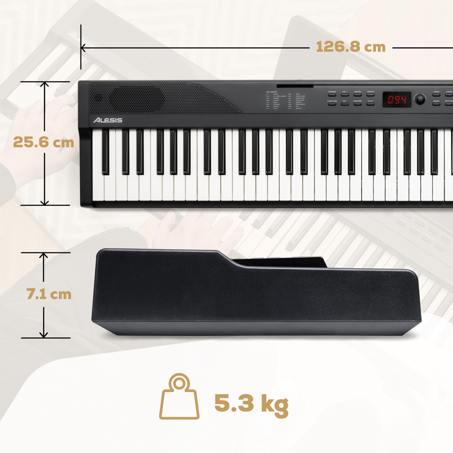 Alesis Teclado piano con 88 teclas y 480 sonidos, altavoces, MIDI USB, atril, adaptador de corriente y lecciones de piano para principiantes