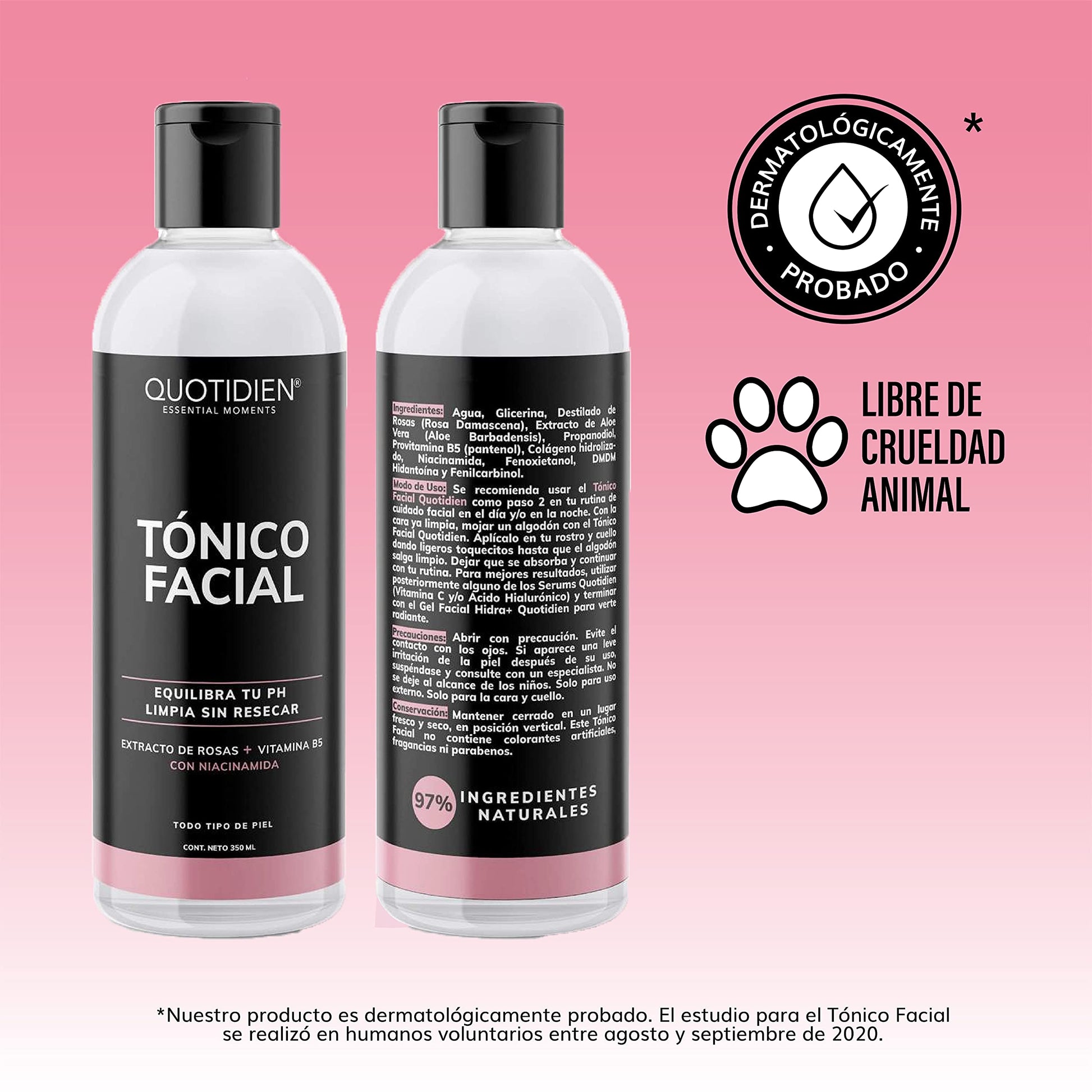 Quotidien Tónico Facial con Agua de Rosas + Vitamina B5 + Niacinamida- Sin Fragancia-Sin Alcohol Etílico-97% Ingredientes Naturales - Equilibra el PH , Limpia Sin Resecar, Suaviza e Hidrata- Mejora Tu Piel - Hidratación Facial - Ideal Para Todo Tipo de Pi