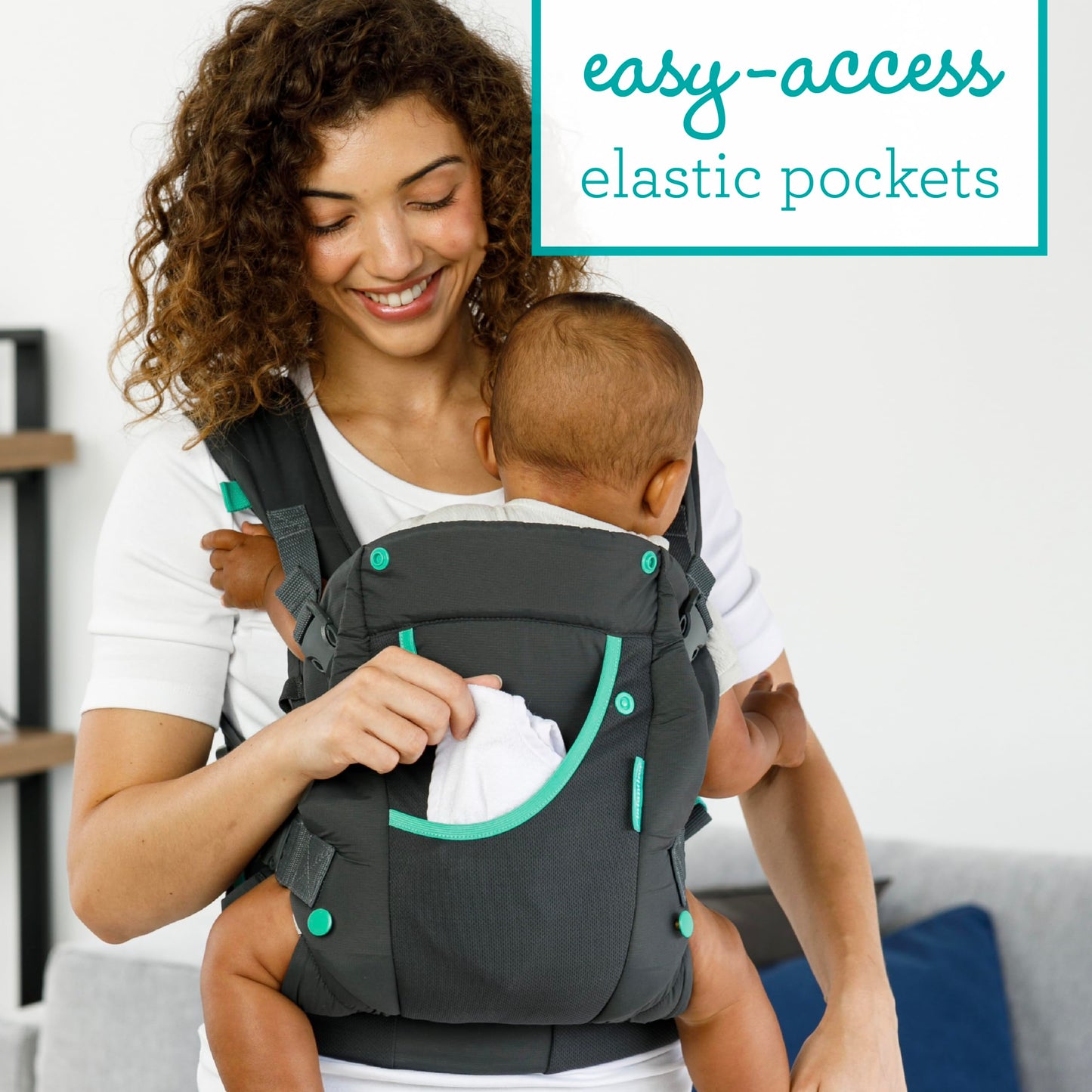 Infantino Carry On Active - Portabebés ergonómico con múltiples bolsillos para bebés y niños, 8-40 libras, con correas acolchadas, almacenamiento de cinturón lumbar y lazo para chupete