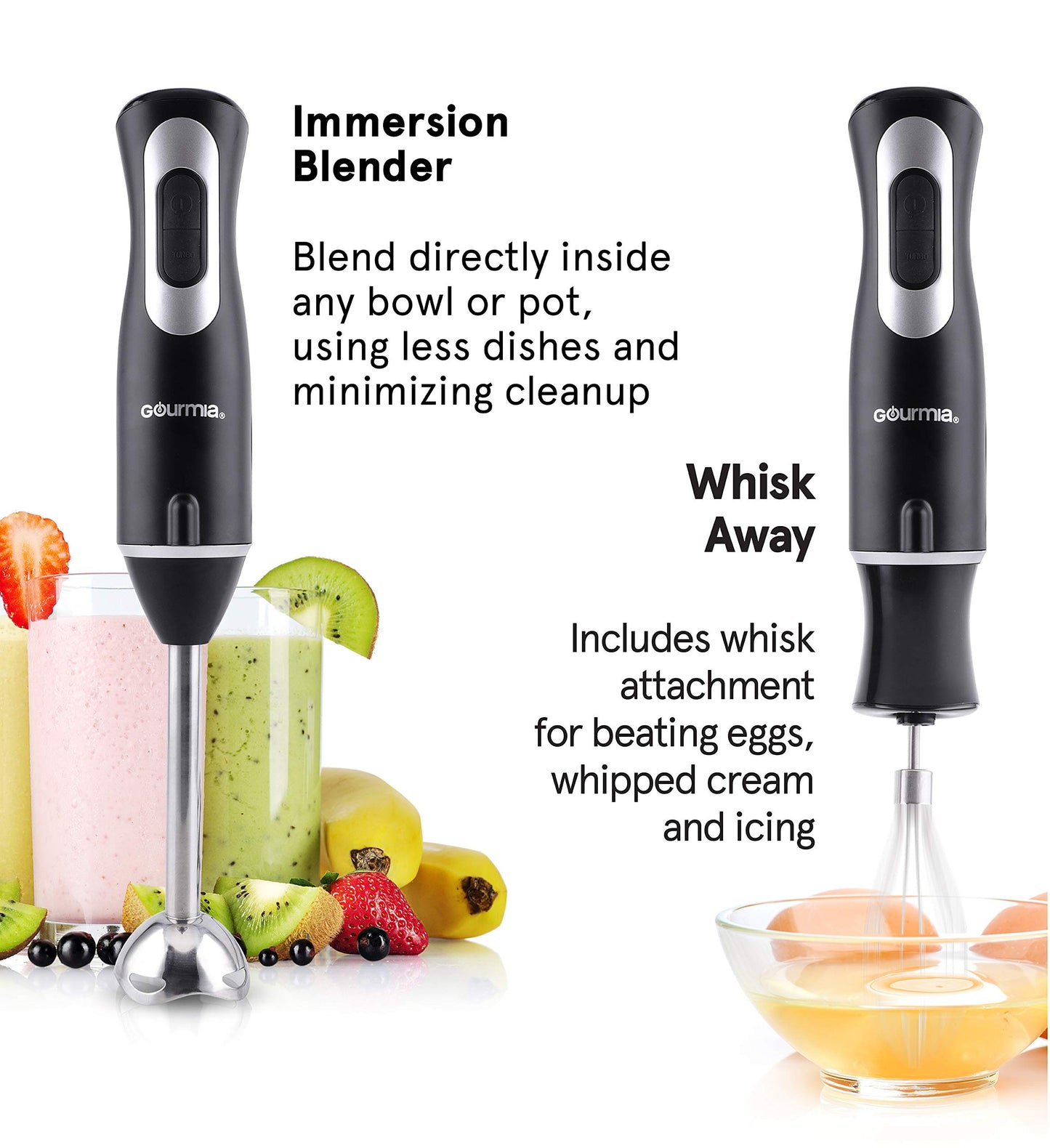 Gourmia GHB2360 Batidora de mano de inmersión iluminadora de 12 velocidades con modo turbo - Mango ergonómico cómodo - Accesorio de batidor incluido - Foco LED integrado - Motor de 300 W - Negro