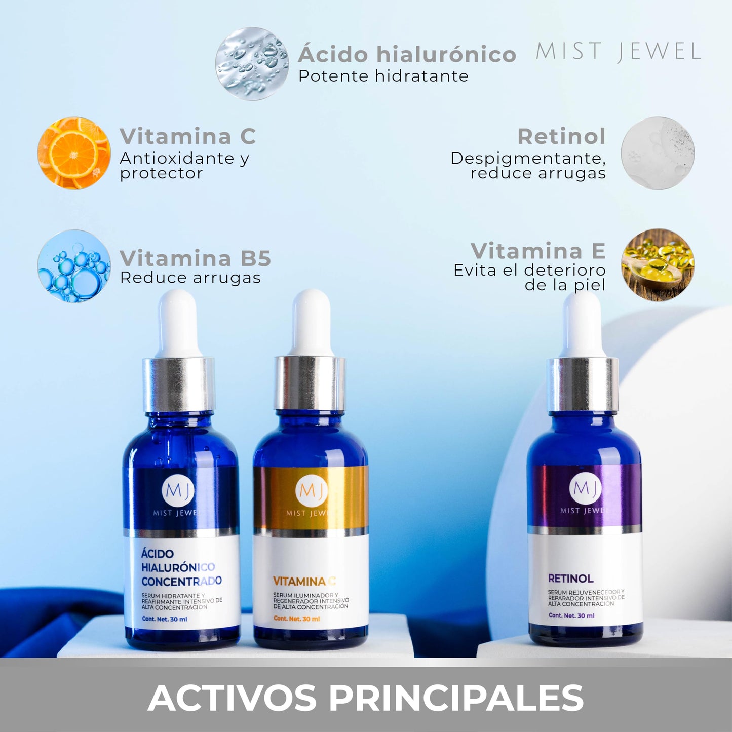 MIST JEWEL Kit sueros faciales Acido Hialurónico, Retinol y Vitamina C + E | Conjunto de serums completo para rejuvenecer, proteger y cuidar el cutis antiedad (KIT facial complete)