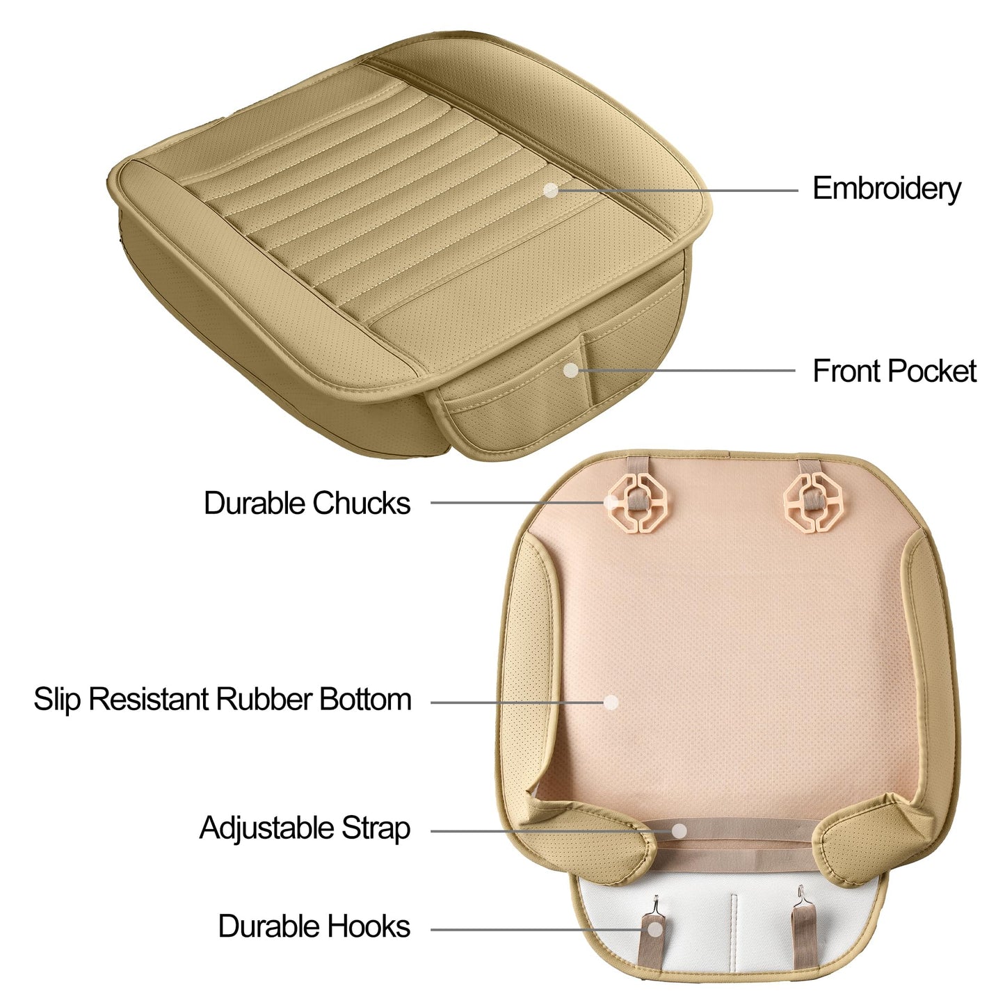 2 fundas para asiento delantero de coche, silla con piel sintética y carbón de bambú, Beige