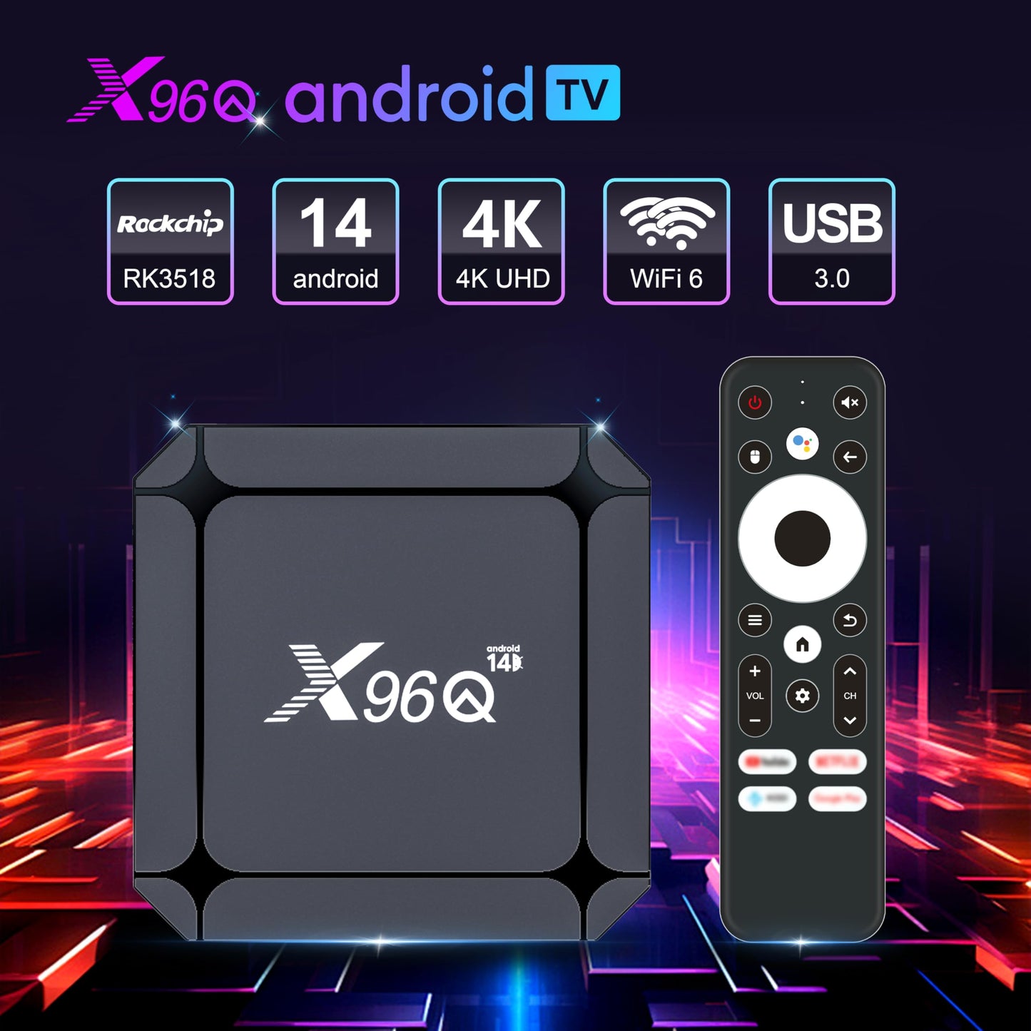 X96Q Android 14.0 ATV Box 16 GB Quad-Core WiFi6 2.4G/5.8Ghz BT5.0 4K AV1 USB 3.0 Ultra HD Control de voz Reproductor de hogar inteligente