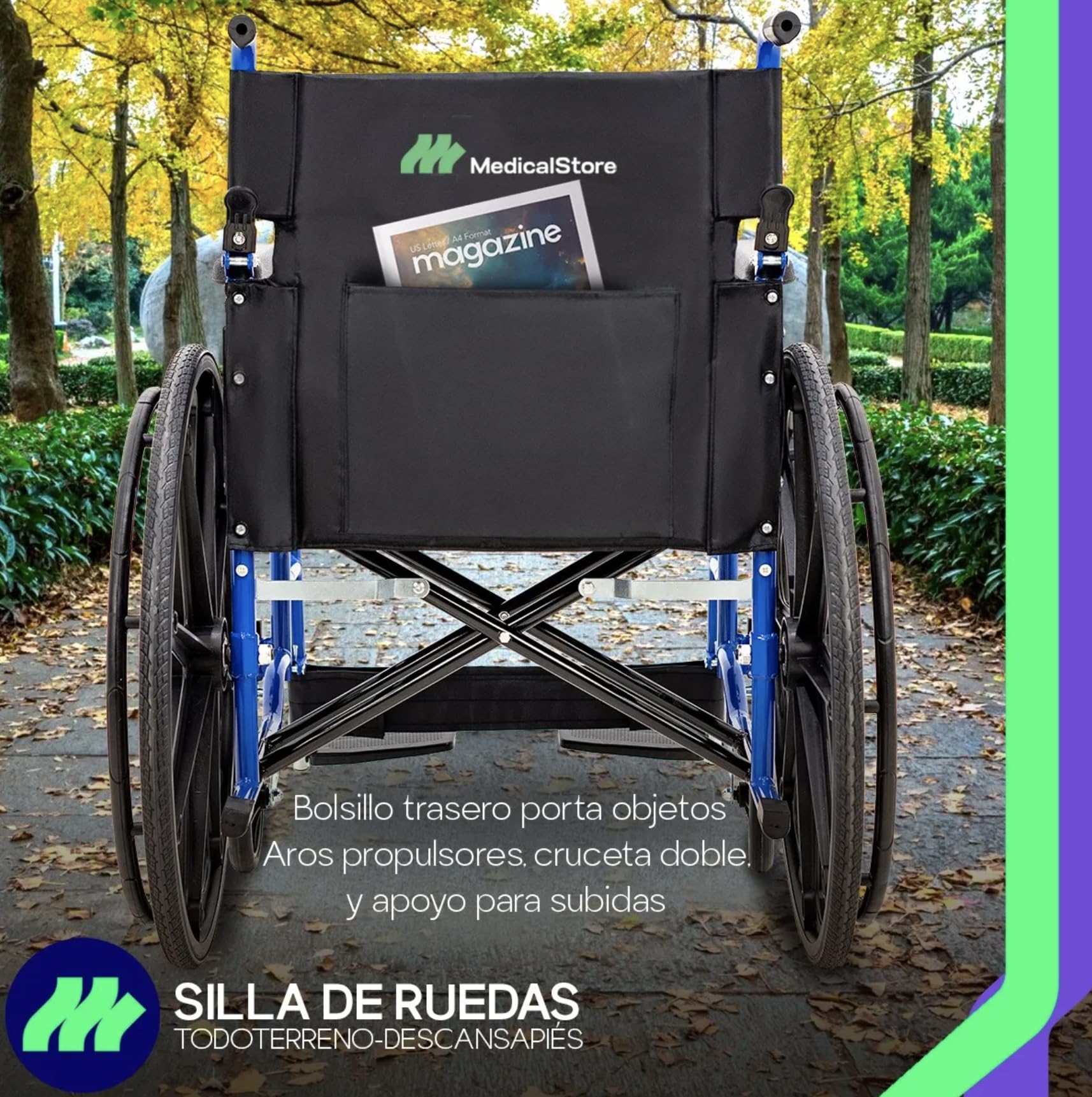 Silla de Ruedas Medical Store Azul Ligera Todo Terreno Plegable para Adulto Mayor