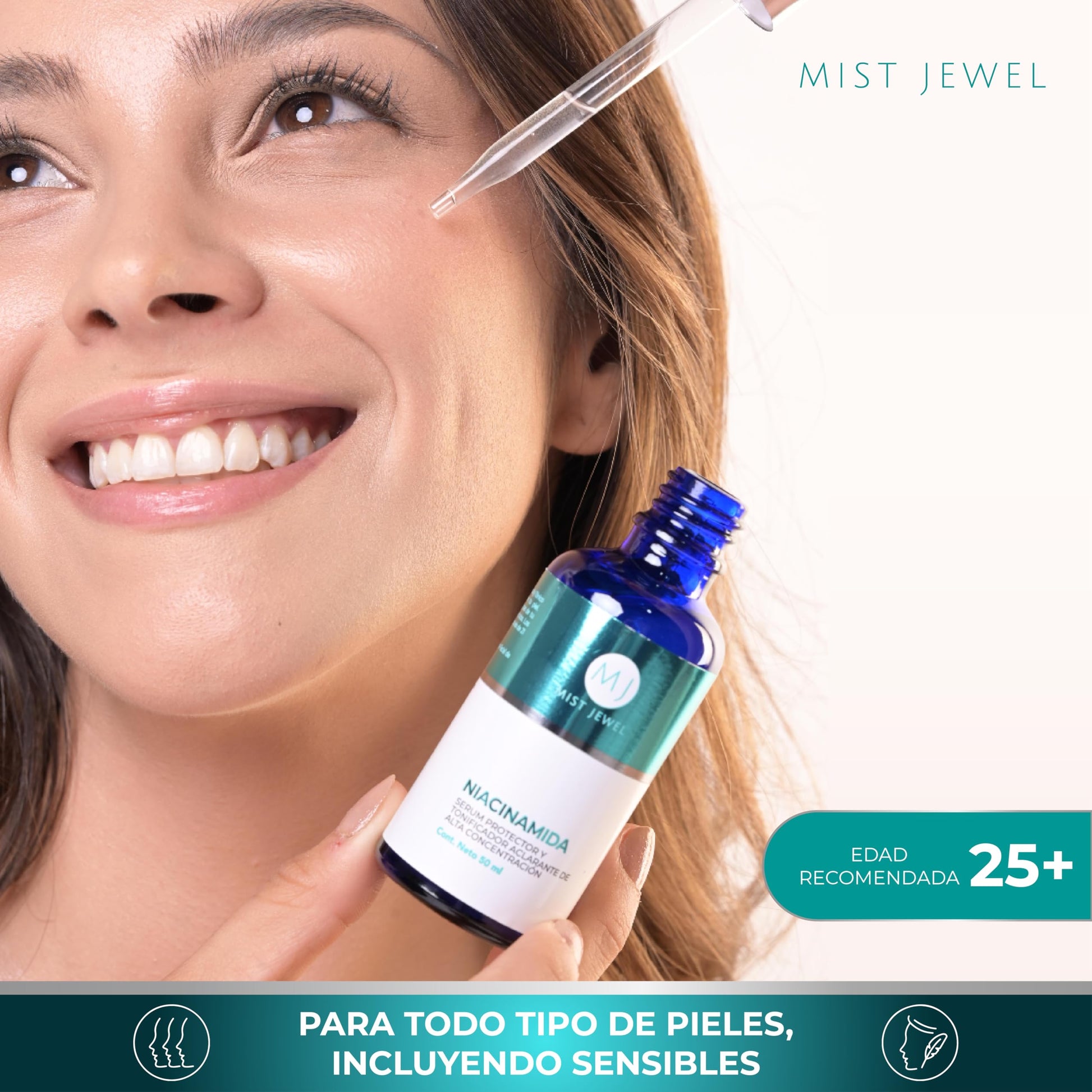 MIST JEWEL Suero facial Niacinamida, Vitamina E y Acido hialurónico tonificador aclarante y protector 50ml | Serum para hombres y mujeres cuidado facial regenerador potente e hidratante de alta efectividad