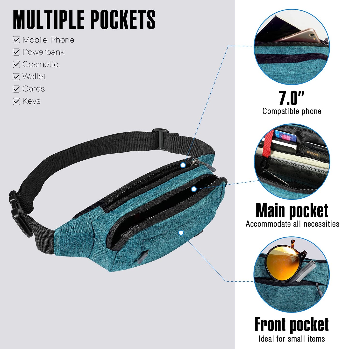 Riñonera WATERFLY Deportiva Mujer Hombre Pequeña con Cinturón Extra Extendido para Marcha y Viajes al Aire Libre