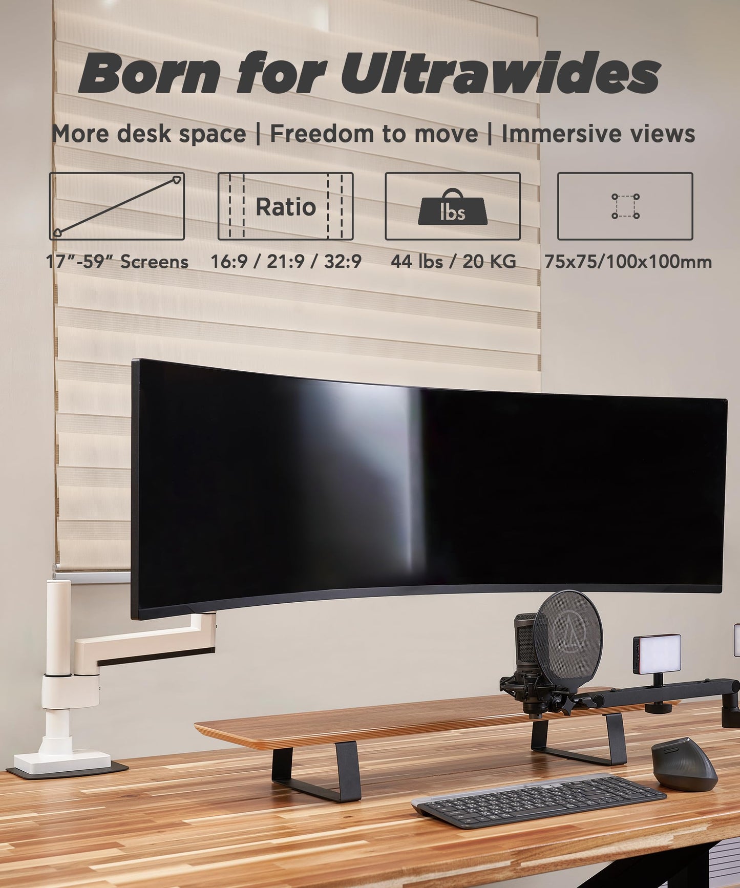 Brazo para Monitor ULTRARM Negro Ajustable para Monitores Ultrapanorámicos hasta 57" y 44 Libras