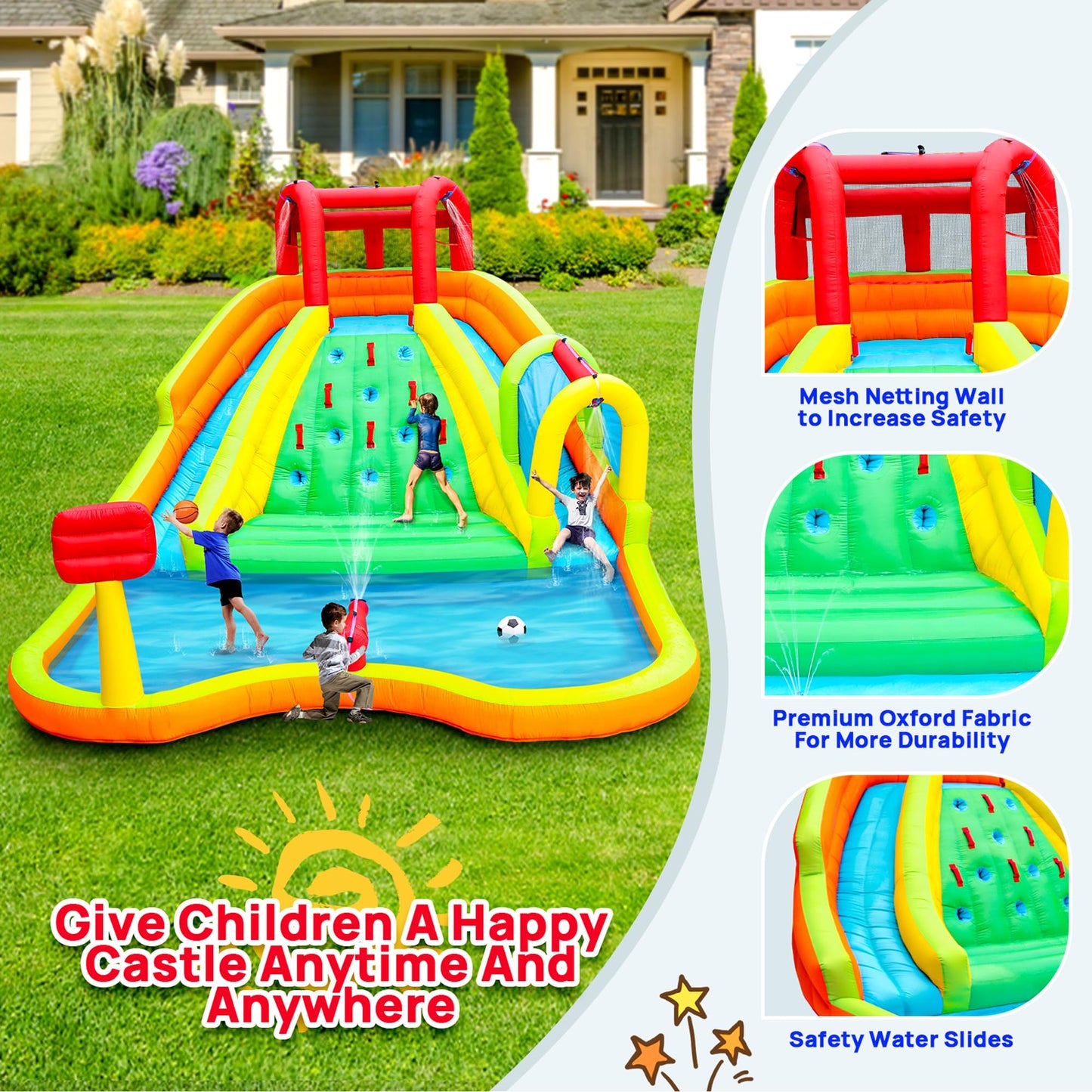 Parque Inflable WELLFUNTIME Azul con Doble Toboganes y Casa de Rebote