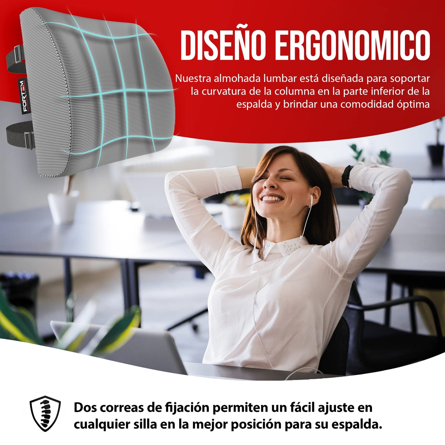 FORTEM Cojín Lumbar de Silla de Oficina, Almohada de Apoyo Lumbar, Cojín Lumbar para Silla de Escritorio, Almohada Viscoelástica para la Espalda, Funda Lavable (Gris Malla)