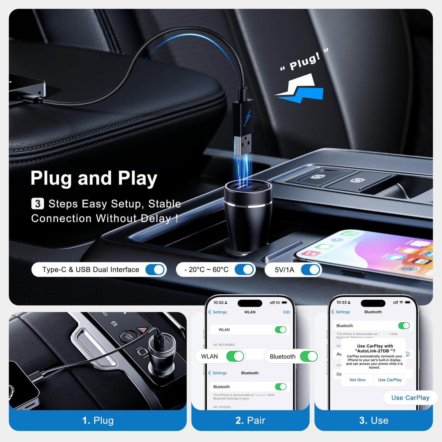 Adaptador AI Box Wireless CarPlay Plug & Play WiFi Doble Banda Bluetooth 5.0 Compatible con Video 4K y Android 12.0 para Automóviles con Factory CarPlay y Android Auto