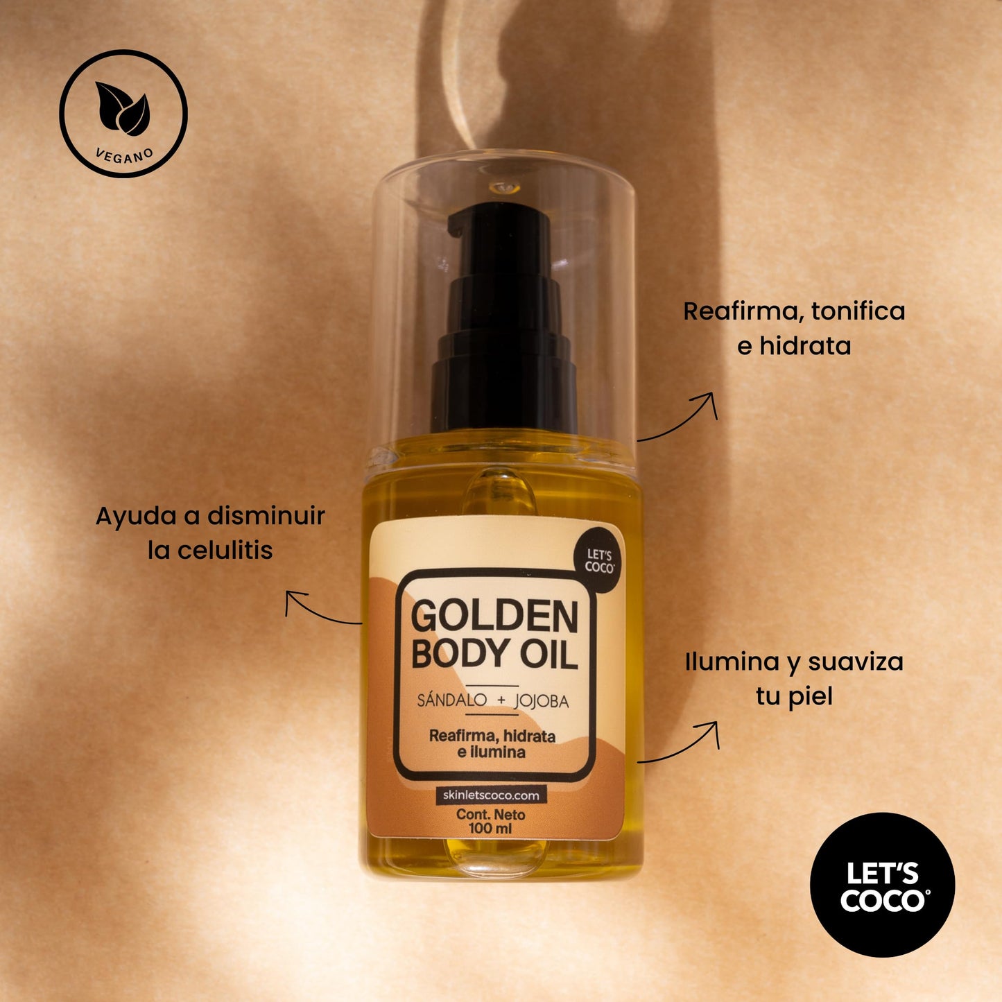 LET'S COCO | Golden Body Oil - Reafirma, hidrata e ilumina, Skin Let's Coco - Aceite de Jojoba y Sándalo Para Uso en Todo el Cuerpo, Hidrata y tonifica tu piel - Contenido Neto 100 ml - Ideal para viaje