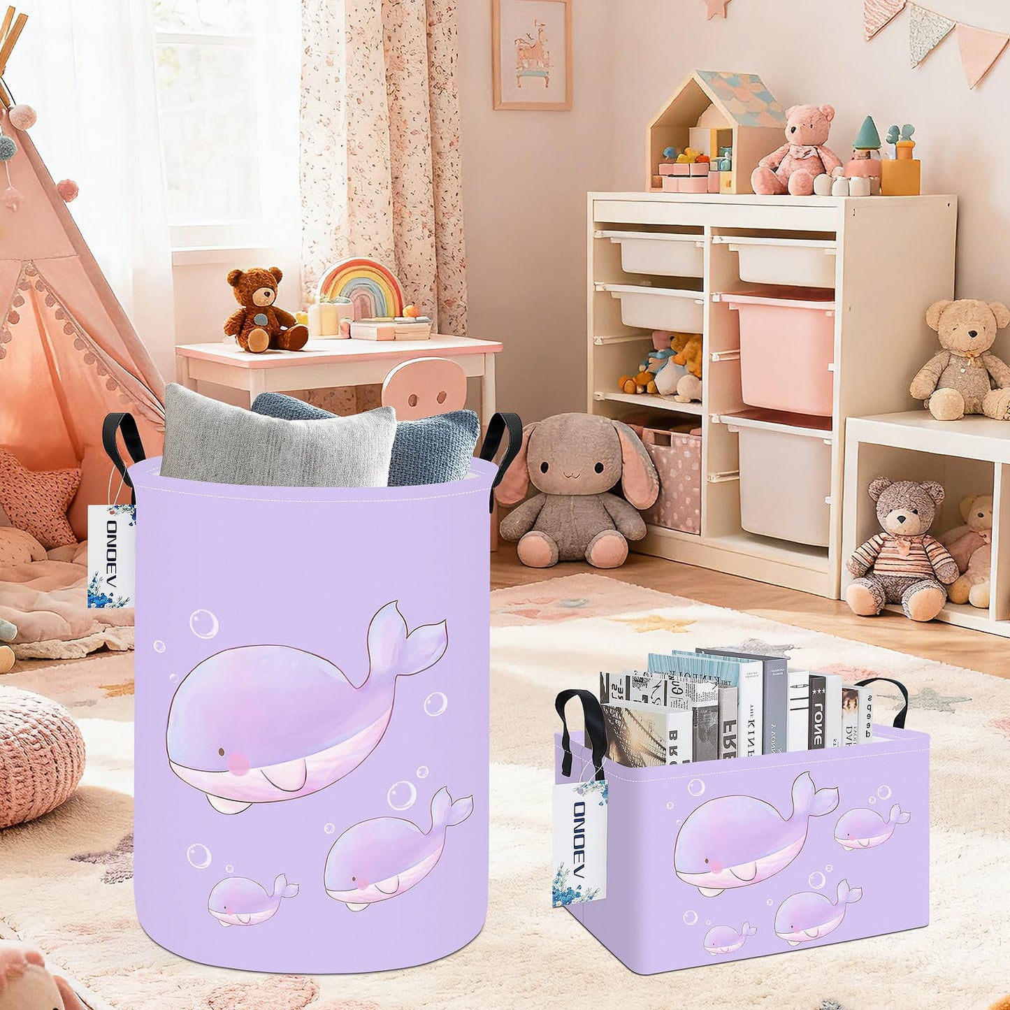 ONOEV Cesta de Almacenamiento Redonda y Plegable para niñas, Cesta de Ropa Sucia para niños, Cesta de Regalo Morada, Ideal para decoración del hogar y Almacenamiento de Juguetes (Ballena Morada)