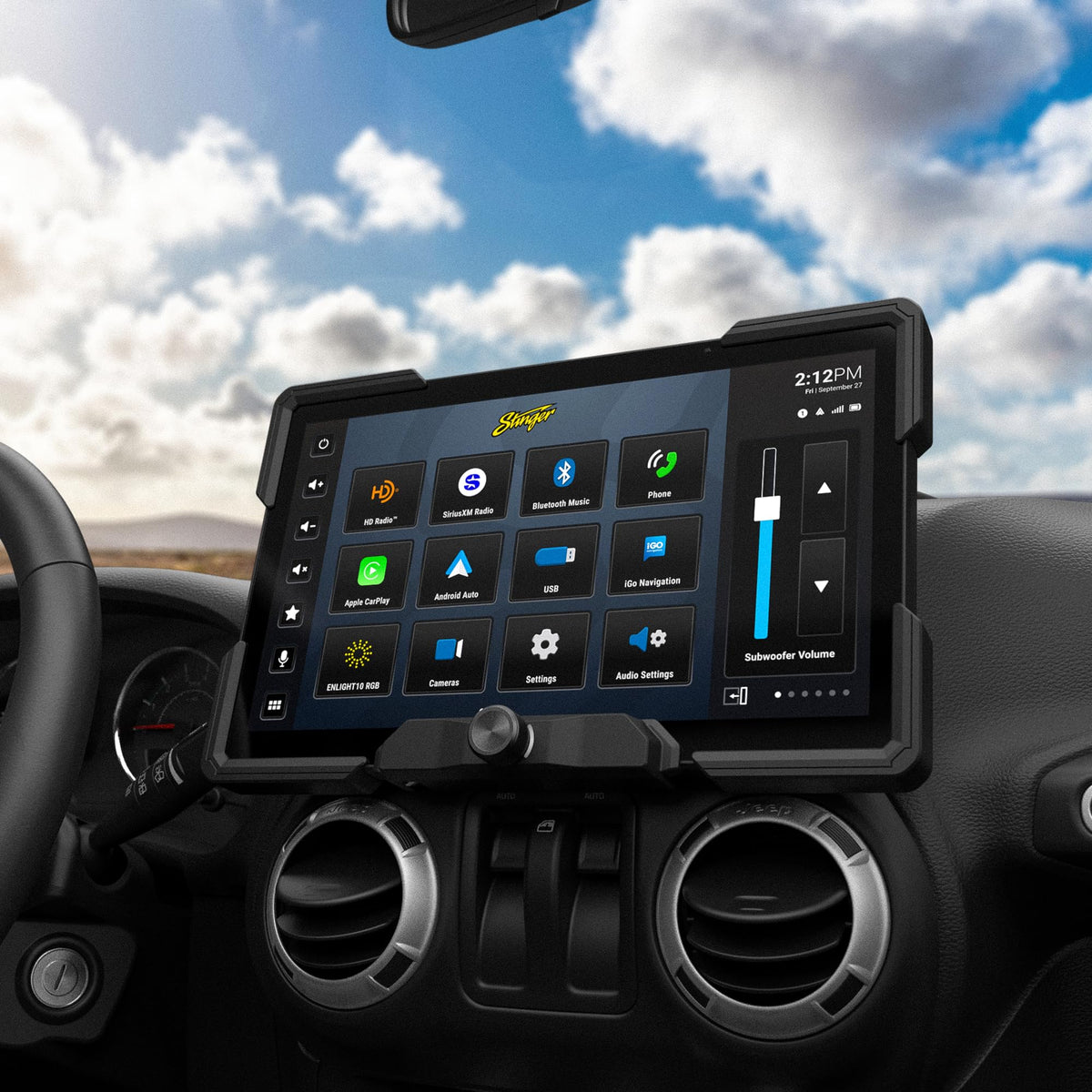 Estรฉreo Touchscreen Stinger HORIZON12 Negro con CarPlay y Auto para Wrangler JK (2011-18)