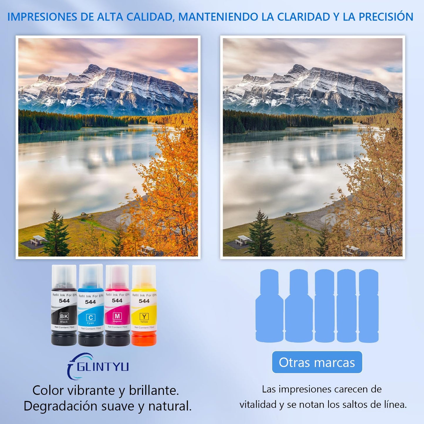GLINTYU 4 Pack Botella Repuesto Tinta 544, Compatible con Tinta Epson 544, Negro, Azul, Rojo, Amarillo, Compatible para T544, L1110, L3110, L3150( 70 ml Cada una)