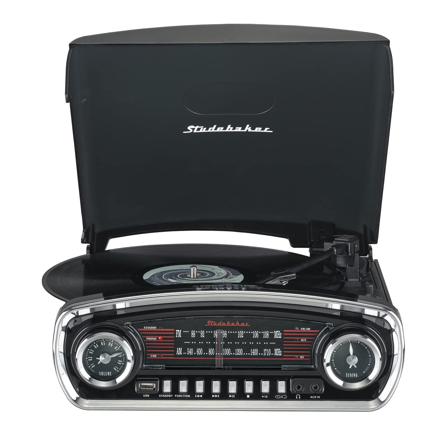 Studebaker - Tocadiscos de 3 velocidades con control de tono, con receptor Bluetooth, radio estéreo AM/FM, ranura USB para reproducción de MP3, conectores para audífonos y auxiliar (negro)