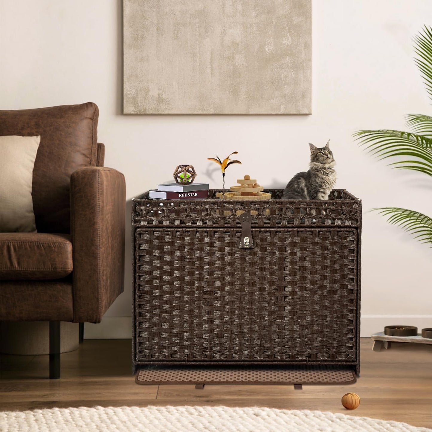 FABATO Arenero para Gato Grande Cerrado - Casa para Gatos Exterior - Puerta Lateral para tu Mascota - Mueble de Mimbre Ratán Tejido a Mano - Incluye Alfombrilla Suave (Marrón)