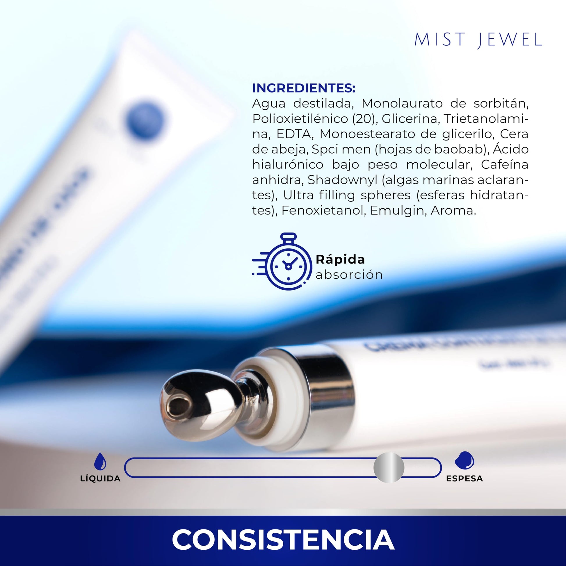 MIST JEWEL | Crema para contorno de ojos, arrugas, bolsas y ojeras obscuras | Con cafeína, Ácido hialurónico y esferas hidratantes 20g