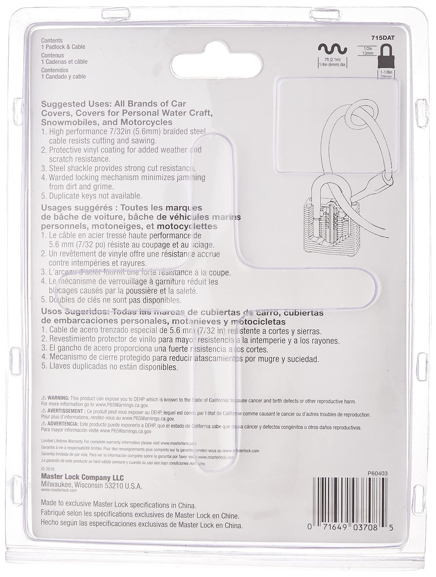 Cable de Cubierta de Coche Master Lock Acero Trenzado Candado de Acero Laminado 7 Pies 1-1/8 Pulgadas