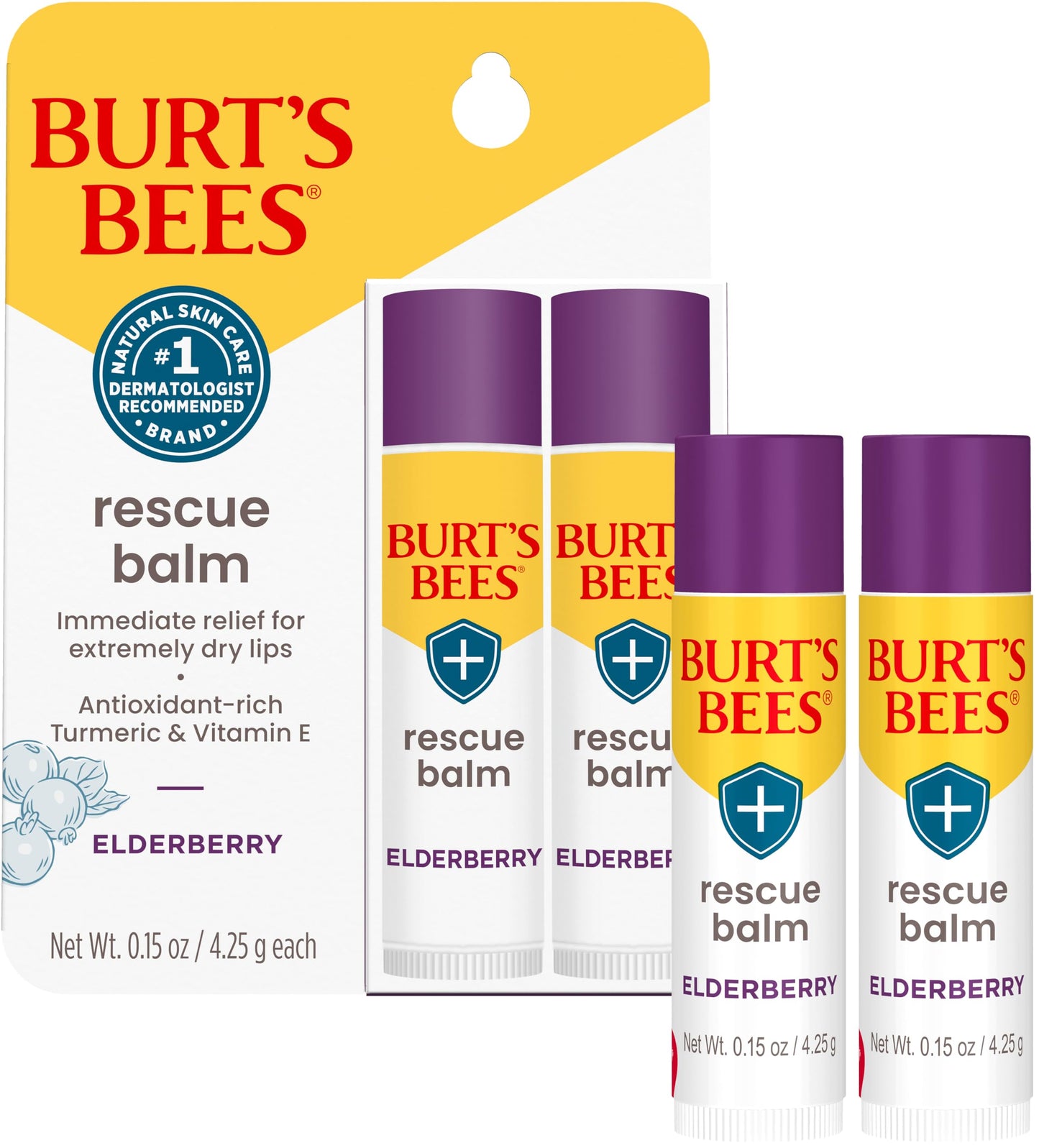 Burt's Bees 100% Natural Origin Rescue Lip Balm with Beeswax and Antioxidant-Rich Elderberry, 2 Tube in Blister Box, Package May Vary, Purple, 0.15 Oz