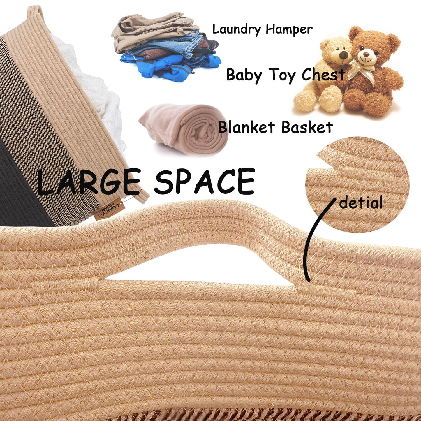 COMFY-HOMI XXXL - Cesta grande de lavandería con cuerda de algodón para guardería, cestas de manta, cesta de lavandería para sala de estar, organizador de almacenamiento de juguetes para perros,