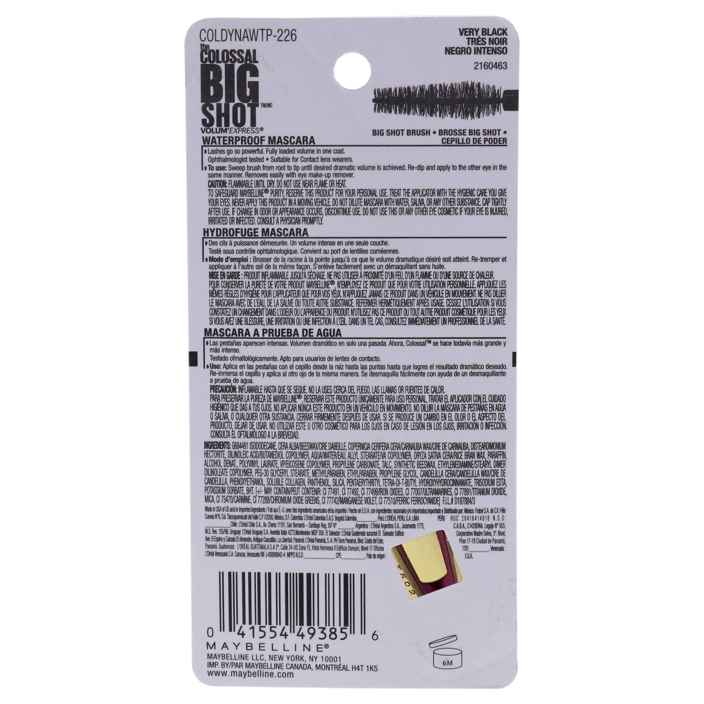 Maybelline Mascara para Pestanas a Prueba de Agua,The Colossal Big Shot, Very Black, 9.5 ml