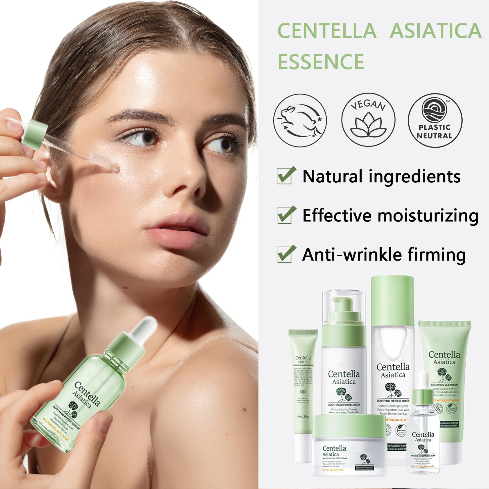 Set de regalo para el cuidado de la piel con Centella Asiatica para mujeres, set para el cuidado de la piel para hidratar, reparar y limpiar la piel, con suero, tónico, limpiador facial, crema para