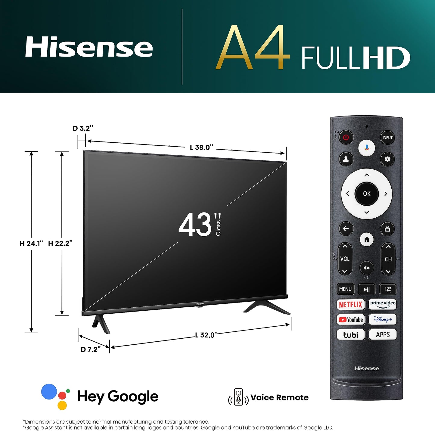 Hisense Smart TV 43 Pulgadas Class A4 Series Led Fullhd 1080p Smart Google TV