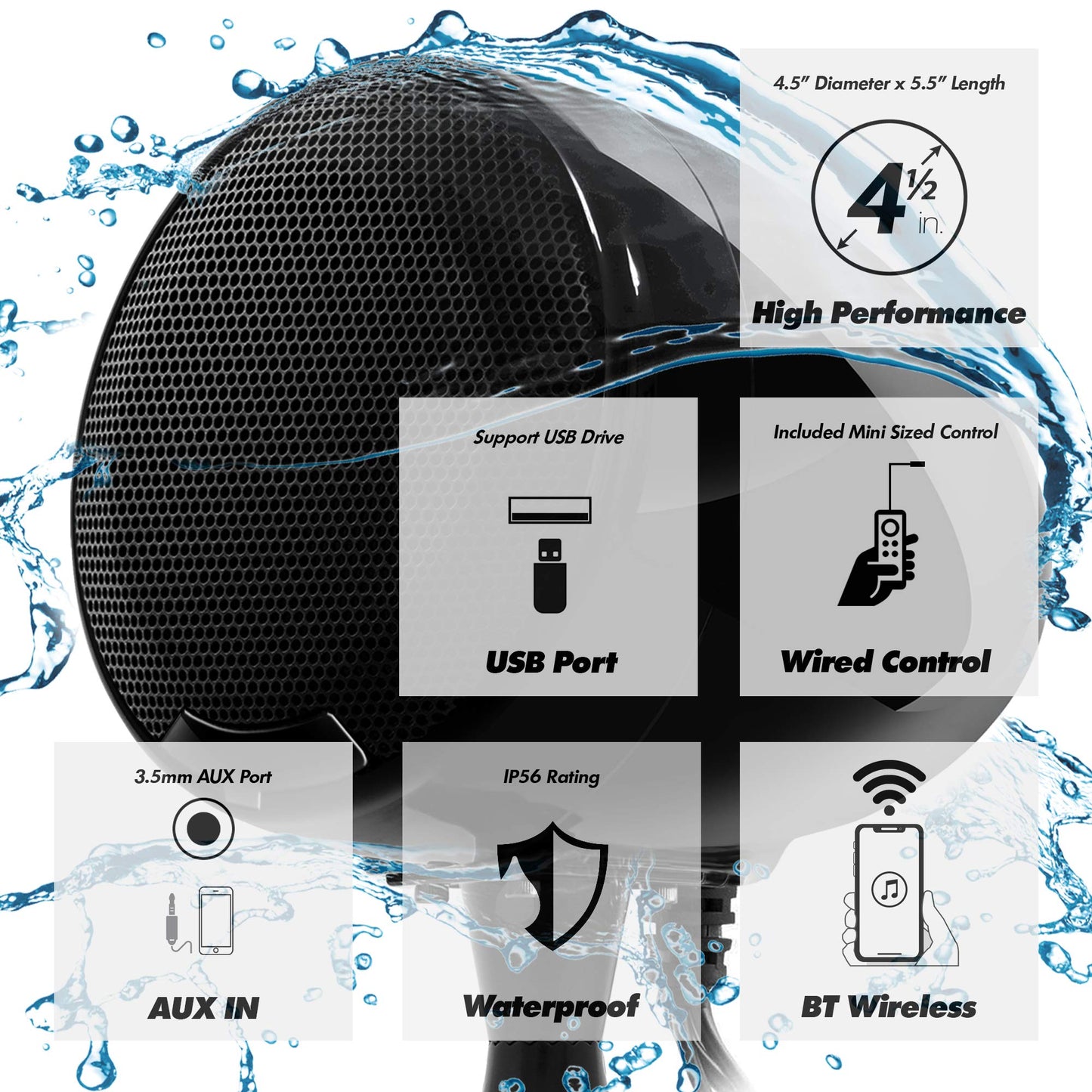 GoHawk AN4-X Amplificador Todo en uno de 2 Canales 4.5 "Altavoces estéreo Bluetooth Impermeables de Rango Completo para Motocicleta Sistema de Amplificador de Audio USB para 1-1.25" Bar Harley