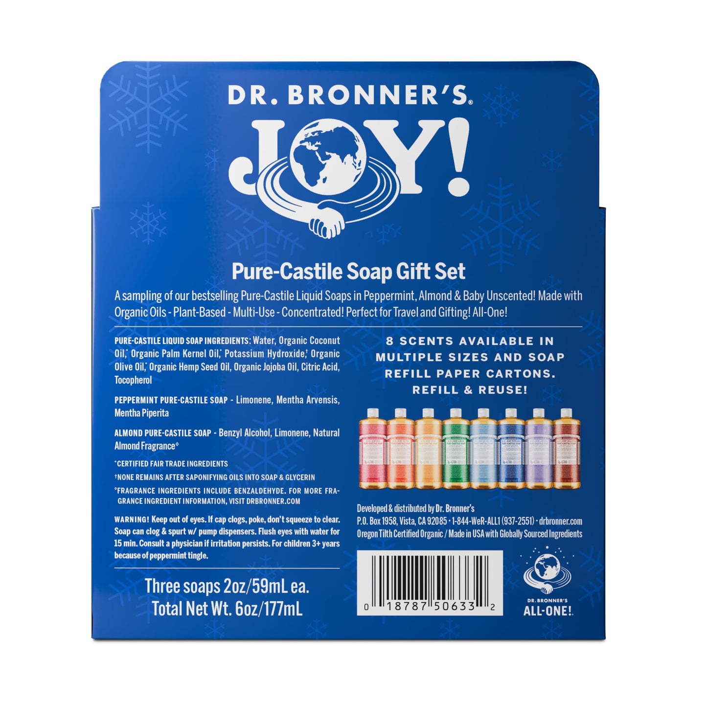 Dr. Bronner's | Set de regalo de jabones de castilla concentrados y versátiles en travel size; 3 aromas: Menta, Almendra y Sin Aroma