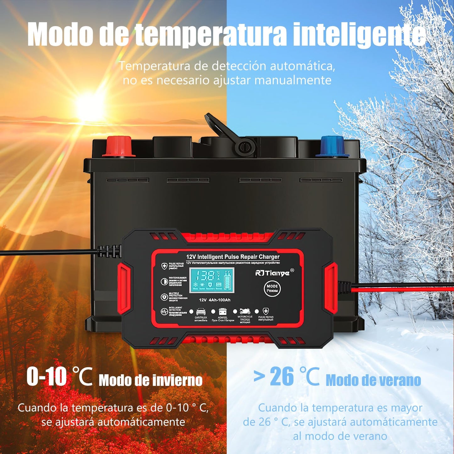 Cargador de Bateria de Auto, con LCD Pantalla 12V 6A , Arrancador de Bateria Ajuste de Corriente Inteligente para Cargar y Proteger, cargar baterías GEL, AGM, WET, Aplica a Auto, Excavadoras