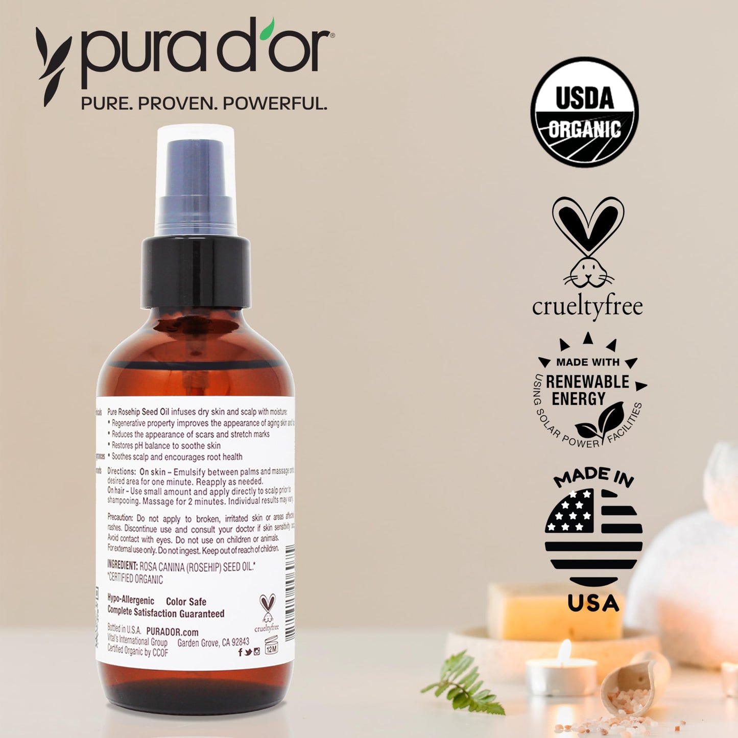 Pura D'or Organic Rosehip Seed Oil, 4 Ounce