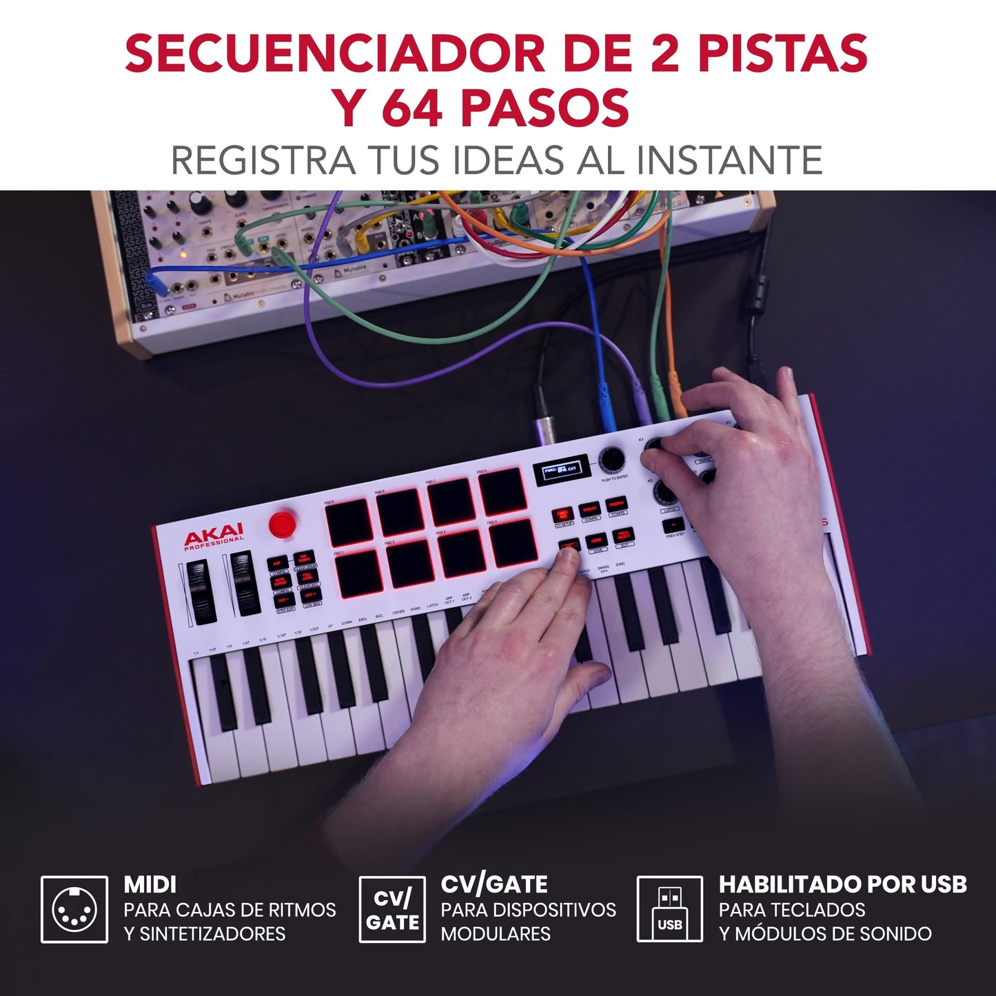 Akai Professional MPK Mini Plus - Teclado Controlador MIDI USB de 37 Mini Teclas con 8 Pads MPC, Secuenciador, MIDI/CV/Gate I/O, Software de Producción y Native Instruments Sound Package, Blanco