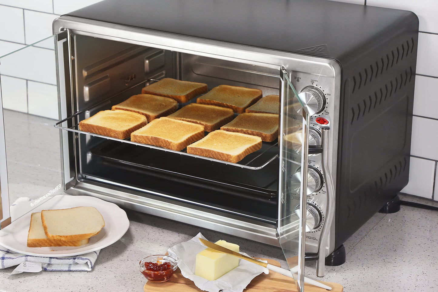 Elite Gourmet ETO4510B - Horno tostador de convección de doble puerta francesa, 4 perillas de control, para hornear asador de tostadas para mantener el calor de 14 pulgadas, incluye 2 estantes …