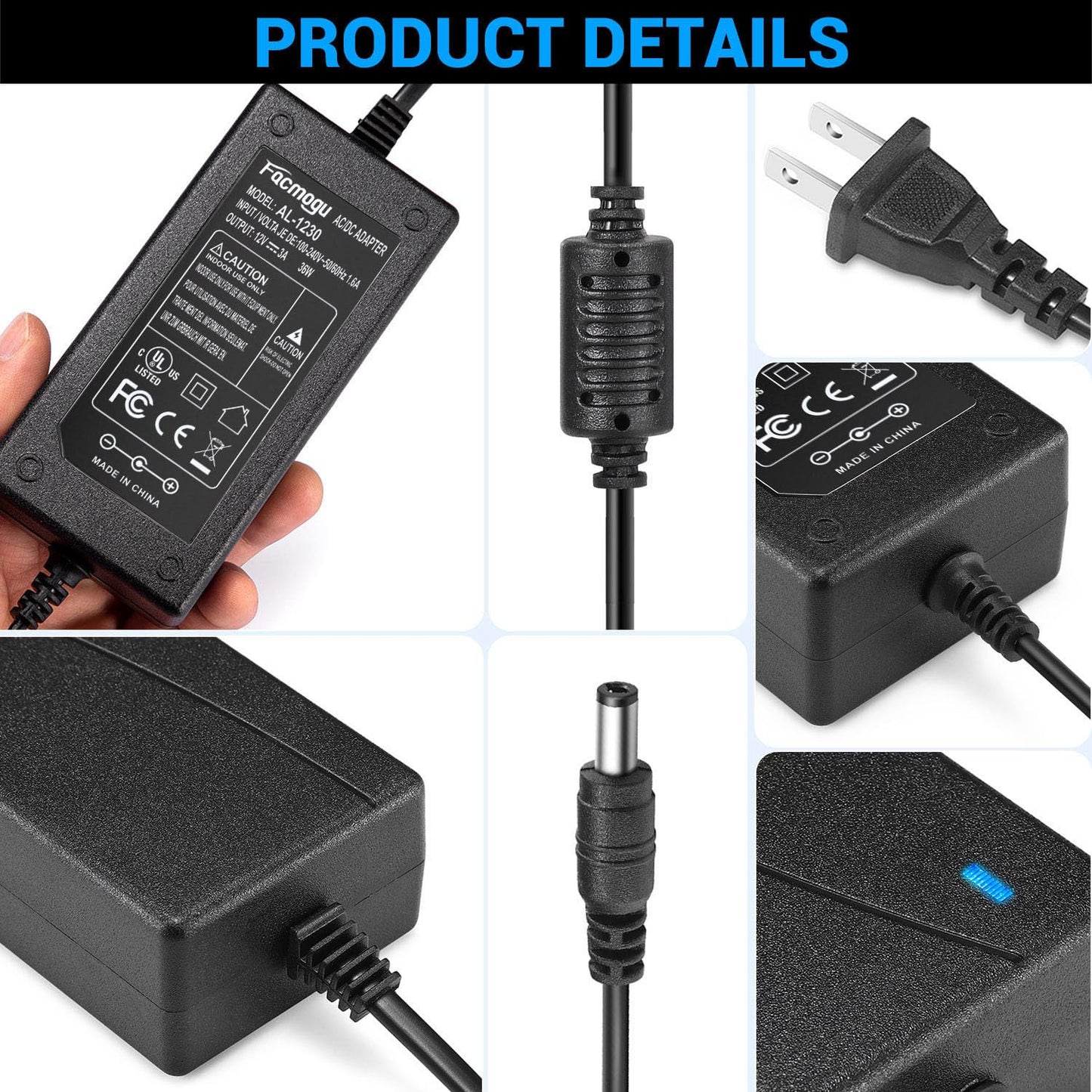 DC 12V 3A Power Adapter, 36 Watt AC 100-240V to DC 12Volt Transformers, Switching Power Supply for LED Strip Light, Camera, Wireless Router 2.1mm X 5.5mm US Plug