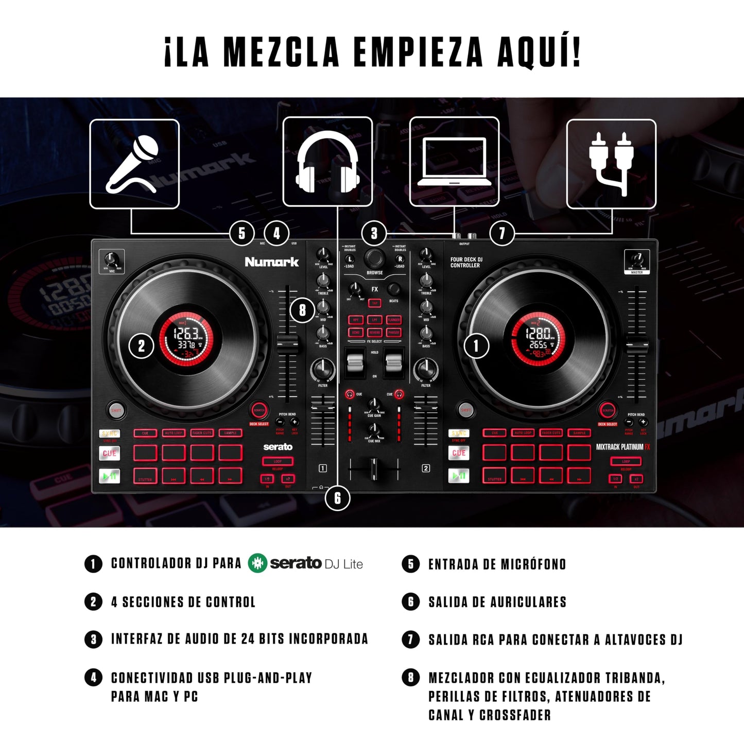 Controlador DJ Numark Mixtrack Platinum FX Plata con Interfaz de Audio y Efectos para Serato