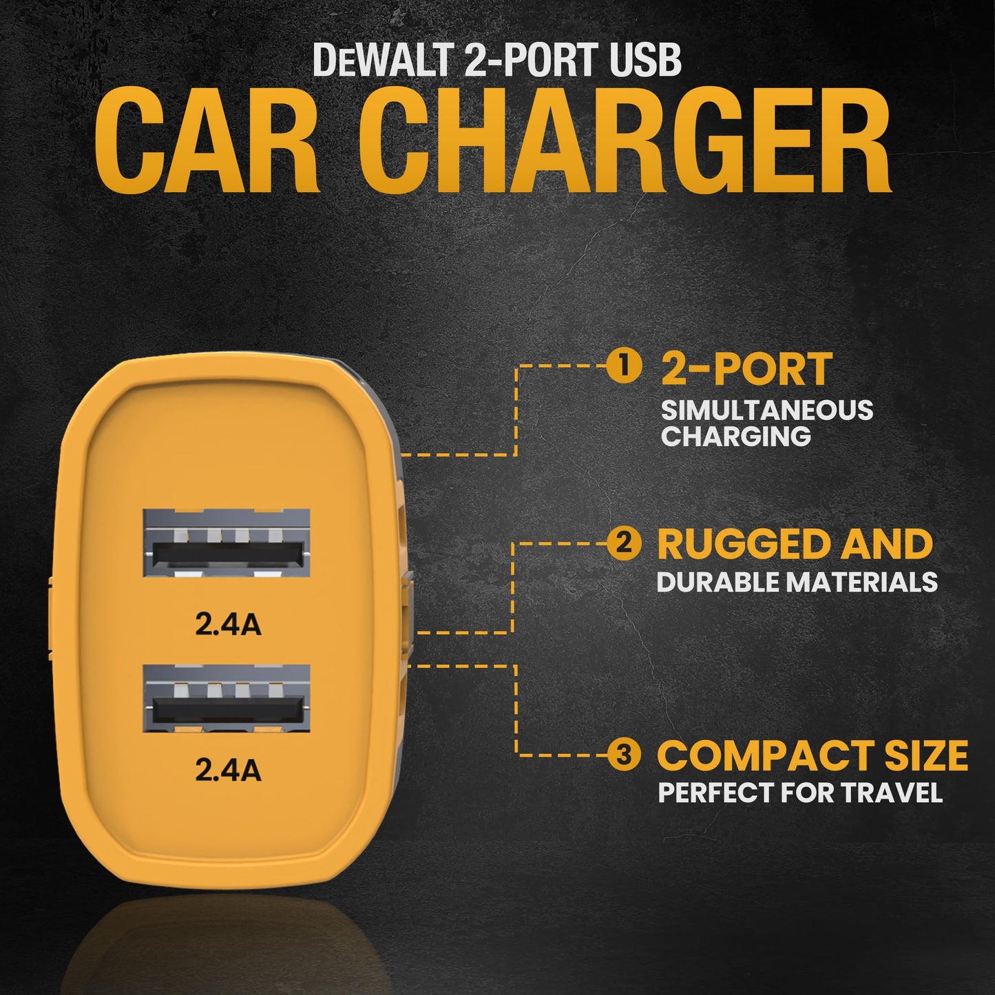 Dewalt Cargador de Coche USB de 2 Puertos - Carga rápida de 24W USB-A de Doble Puerto para iPhone 14 13 12 11 Pro MAX X XR XS 8 Plus 6s iPad - Compatible con Samsung Galaxy S22 S21 S10 Plus S7 GPS