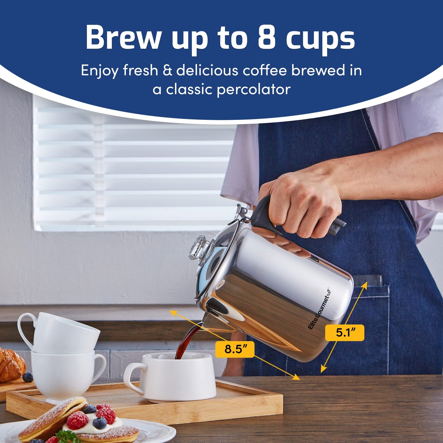 Elite Gourmet EC008 - Percolador de café clásico para estufas, perilla de progreso de cerveza transparente, mango de tacto fresco, servicio inalámbrico, 8 tazas, acero inoxidable