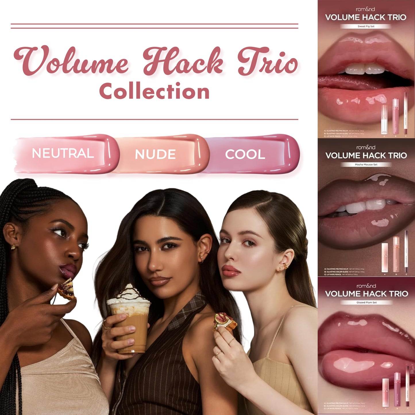 rom&nd Set de labios Volume Hack Trio Mocha Mousse | Brillo voluminizador, bálsamo hidratante y delineador suave de K-Beauty | Consigue labios definidos y brillantes para looks virales.