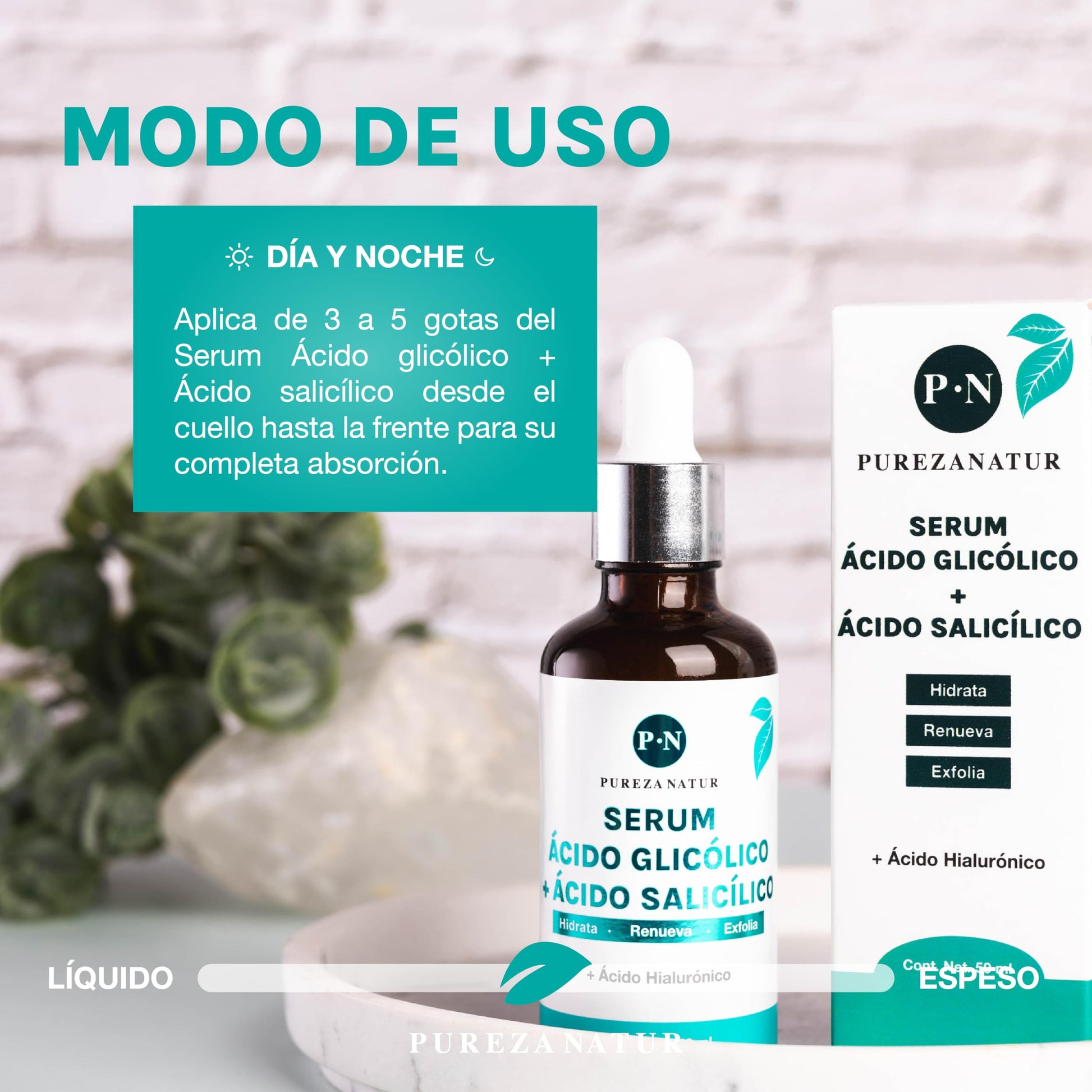 PUREZANATUR Serum facial Ácido glicólico + Salicílico hidratante 50ml | Suero antiedad con AHA, BHA, Acido hialurónico reductor de sebo skincare