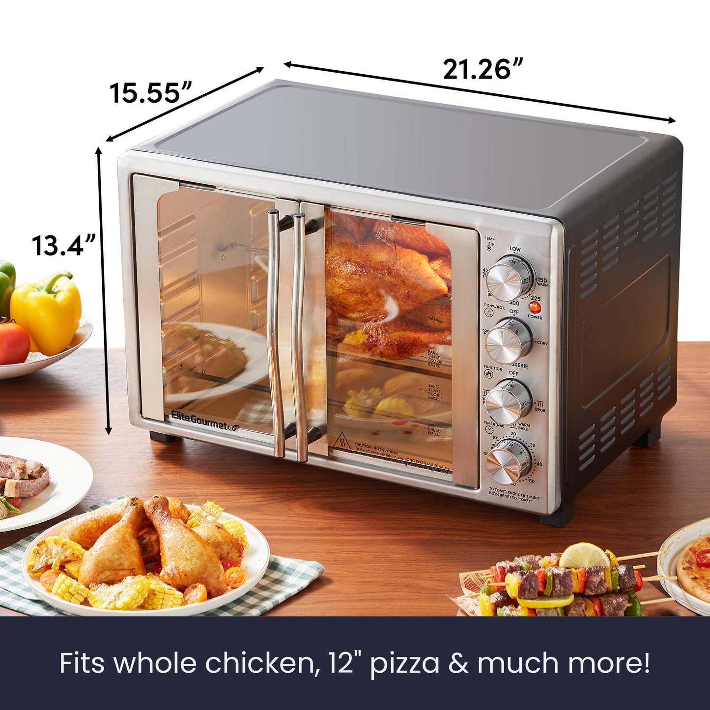 Elite Gourmet ETO4524 - Horno tostador de convección de encimera de 45 L, puertas francesas, temperatura y temporizador ajustables, hornear, asar, asar, asar, tostar, incluye charola para hornear,