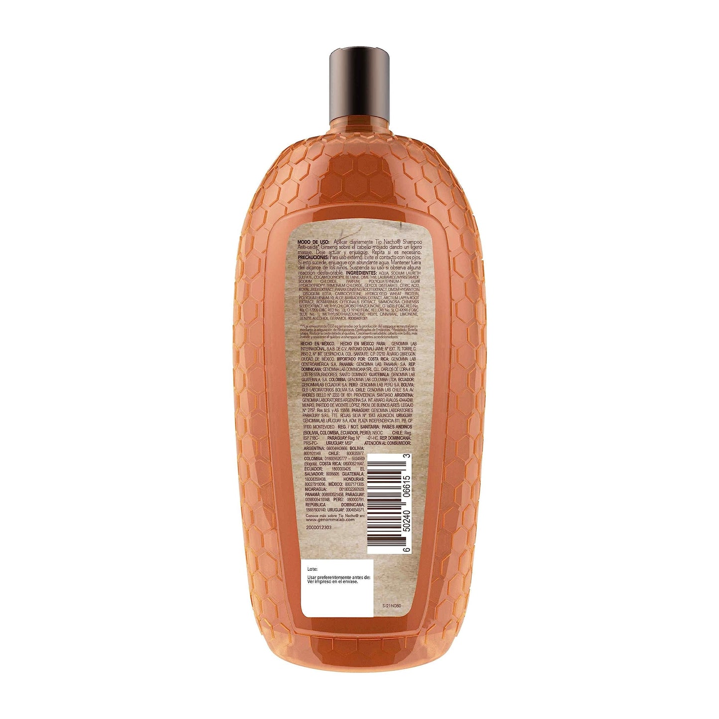 TIO NACHO - Shampoo Anti-Caída. Estimula y fortalece crecimiento saludable de la fibra capilar, con jalea real y extractos de ginseng, romero, aloe vera y jojoba. Empaque 100% reciclado, botella con 950ml