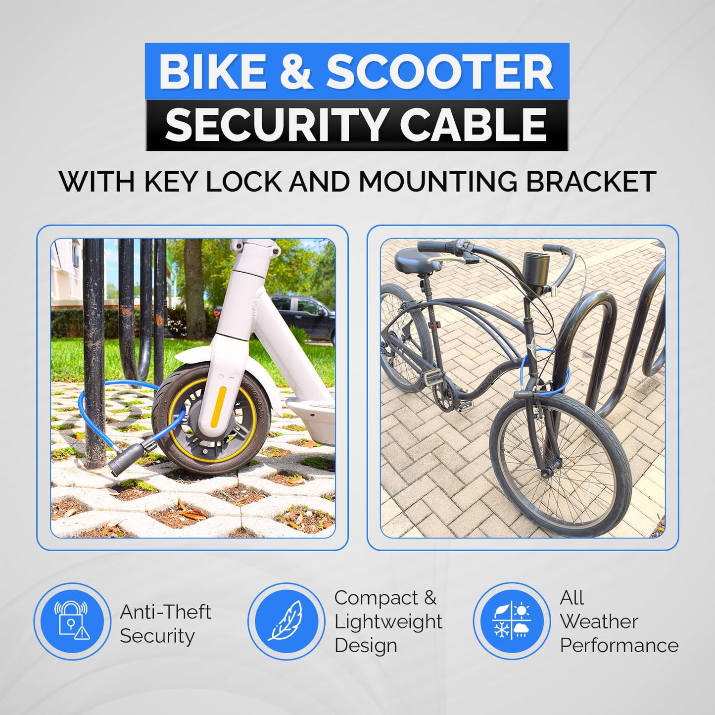 DocksLocks - Juego de bloqueo de cable para bicicleta con cerradura de llave, soporte de montaje, seguridad antirrobo portátil y compacto para bicicletas, scooters y más de 4 pies