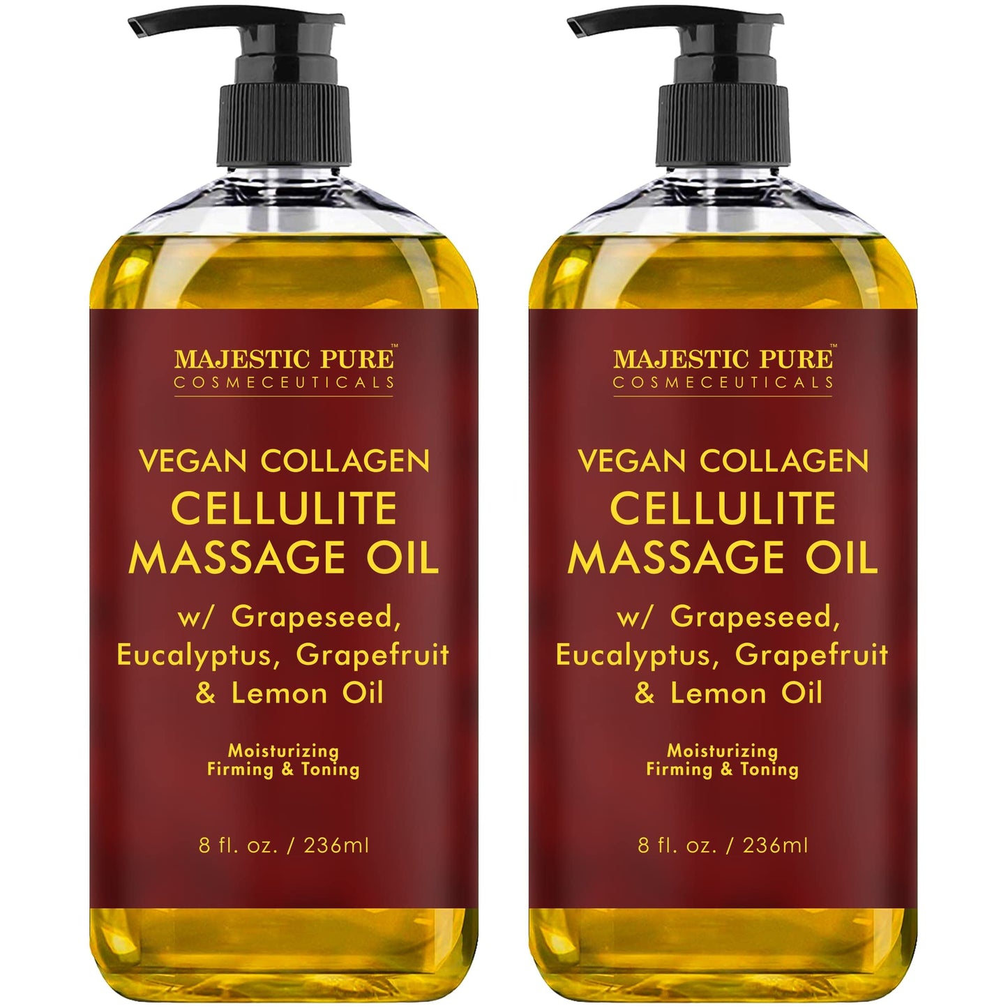 MAJESTIC PURE Majestic Aceite de masaje de celulitis natural puro, mezcla única de aceites esenciales de masaje, mejora la firmeza de la piel, más eficaz que la crema de celulitis, 8 onzas líquidas, Paquete con 2