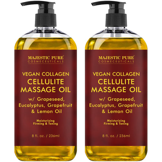 MAJESTIC PURE Majestic Aceite de masaje de celulitis natural puro, mezcla única de aceites esenciales de masaje, mejora la firmeza de la piel, más eficaz que la crema de celulitis, 8 onzas líquidas, Paquete con 2