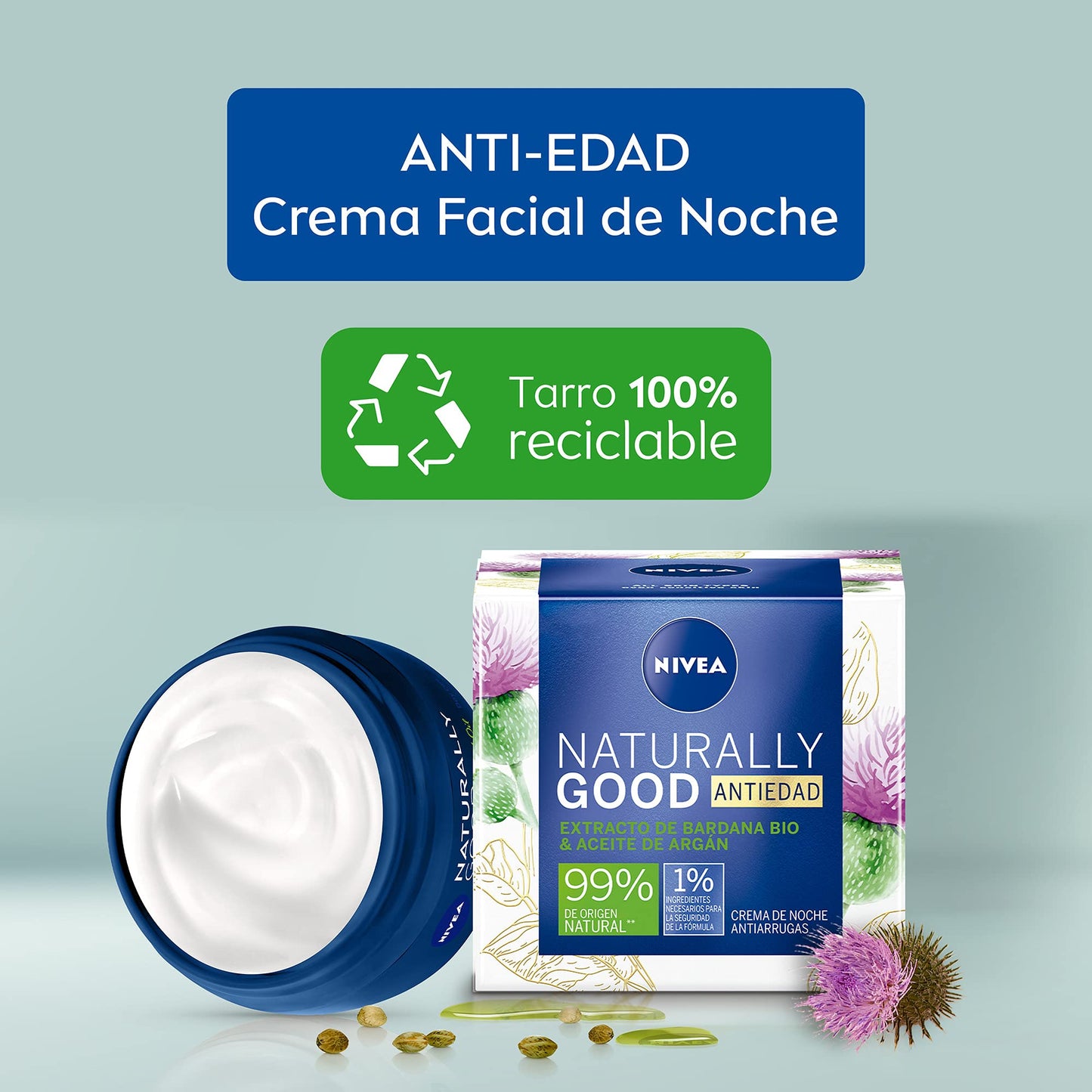 NIVEA Crema Facial Vegana Antiedad Naturally Good (50 ml), Tratamiento de Noche con Extracto de Bardana y aceite de Argán, ideal para Todo tipo de Piel