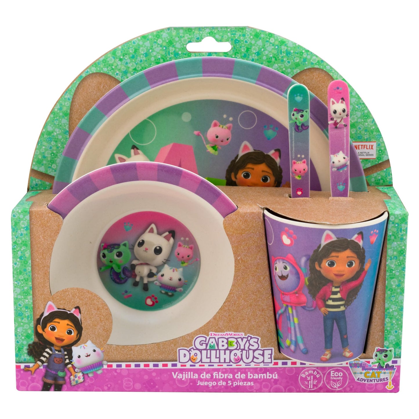 FunKids 1725-684 Vajilla Infantil Individual, Fibra de Bambú, Diseño Gabby’s Doll House y Amigos, Colección Universal Studios, Vajilla 5 Piezas: Plato Trinche, Tazón, Vaso y Cubiertos, Morado y Rosa