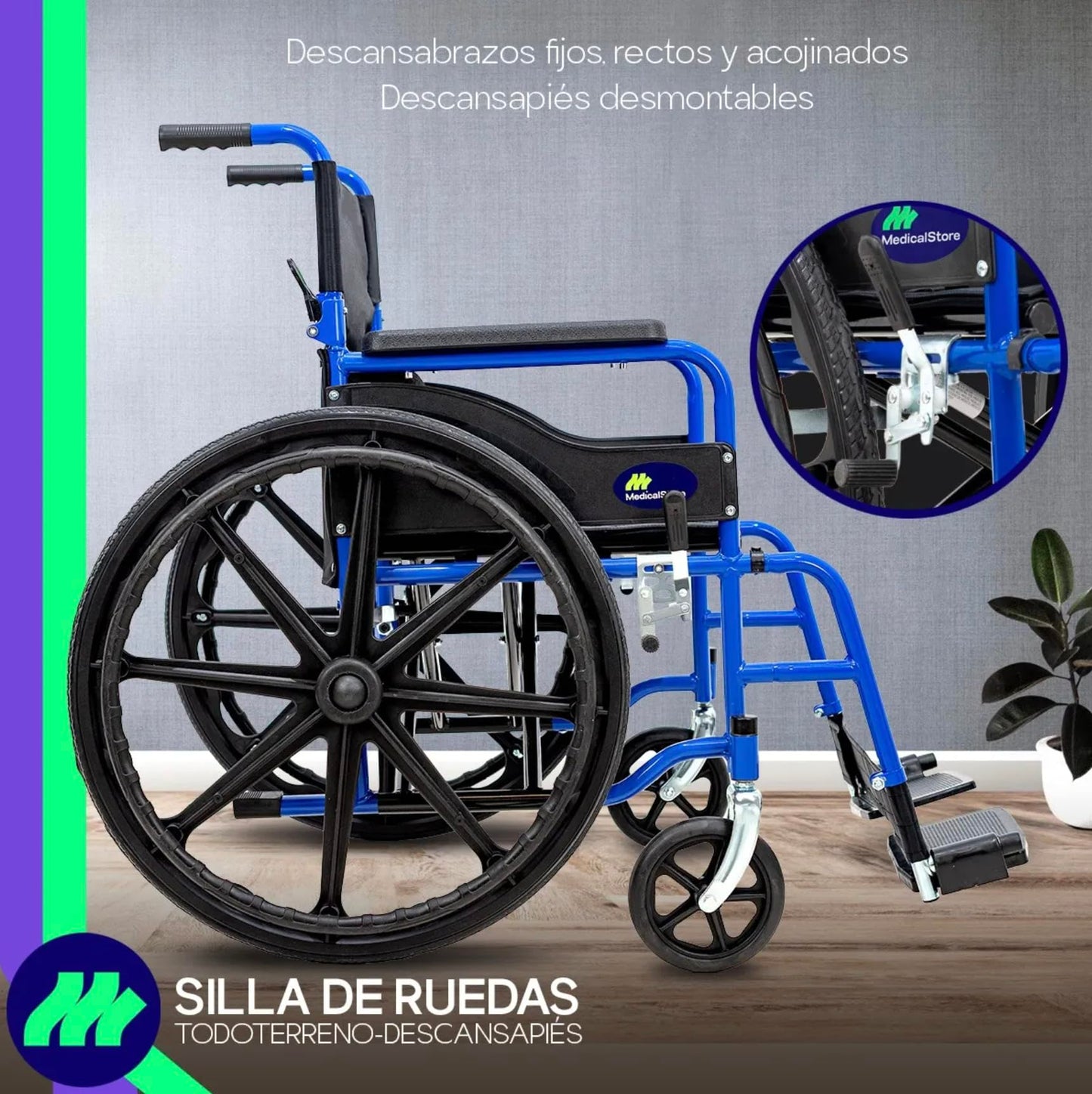 Silla de Ruedas Medical Store Azul Ligera Todo Terreno Plegable para Adulto Mayor