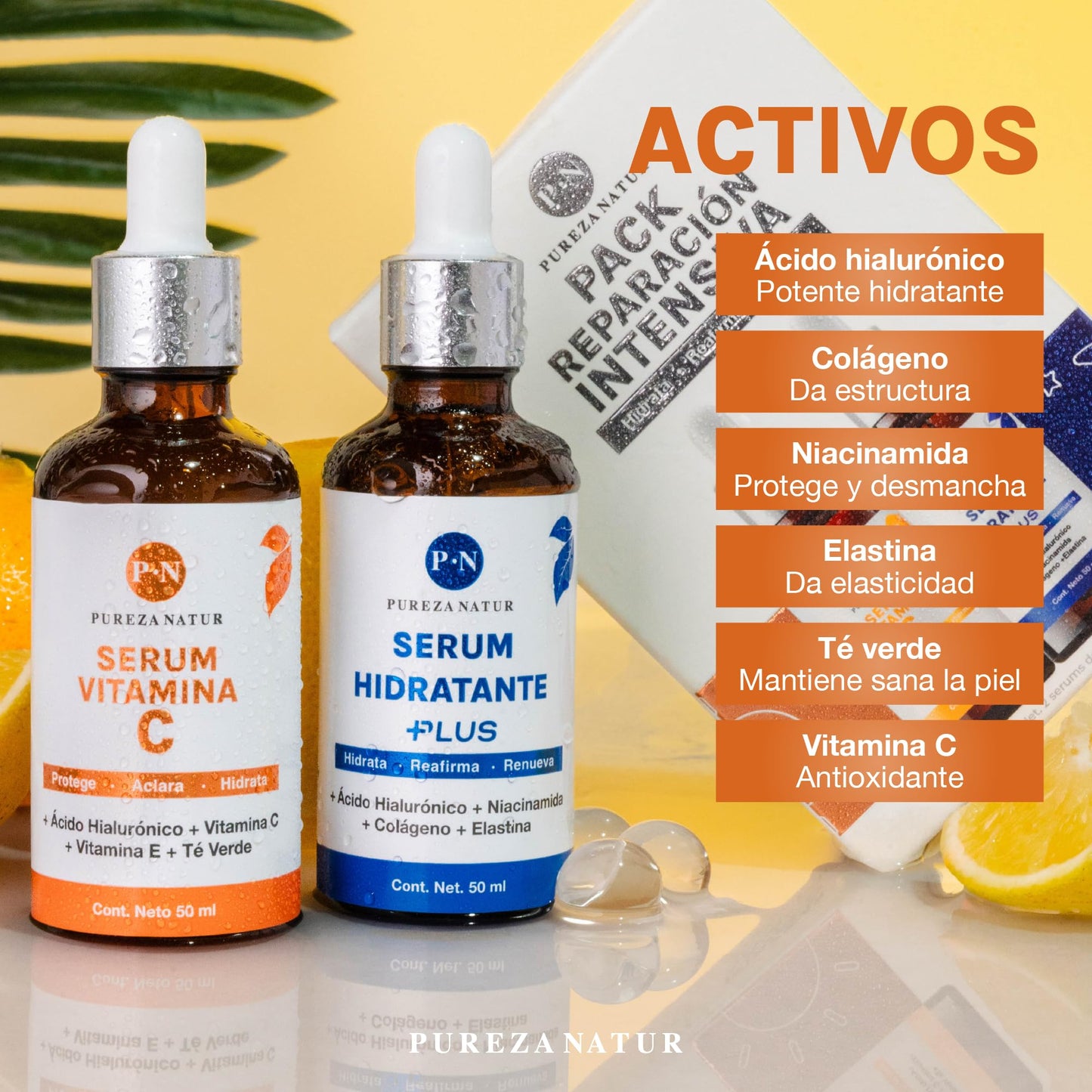PUREZA NATUR Pack reparación intensiva serum faciales día y noche Serum Acido Hialuronico + Colageno + Elastina Niacinamida y Suero Vitamina C + Vit E | Serum de alta efectividad antiedad Sueros para todo tipo de piel 50ml cu